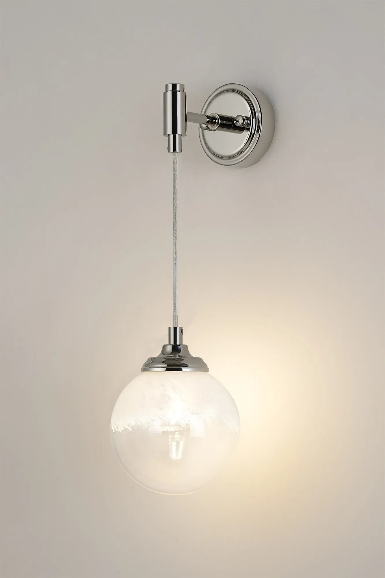 Dene Adjustable Single Wall Light IP44 - Polished Nickel & White Two-Tone Snow Specks Round Glass