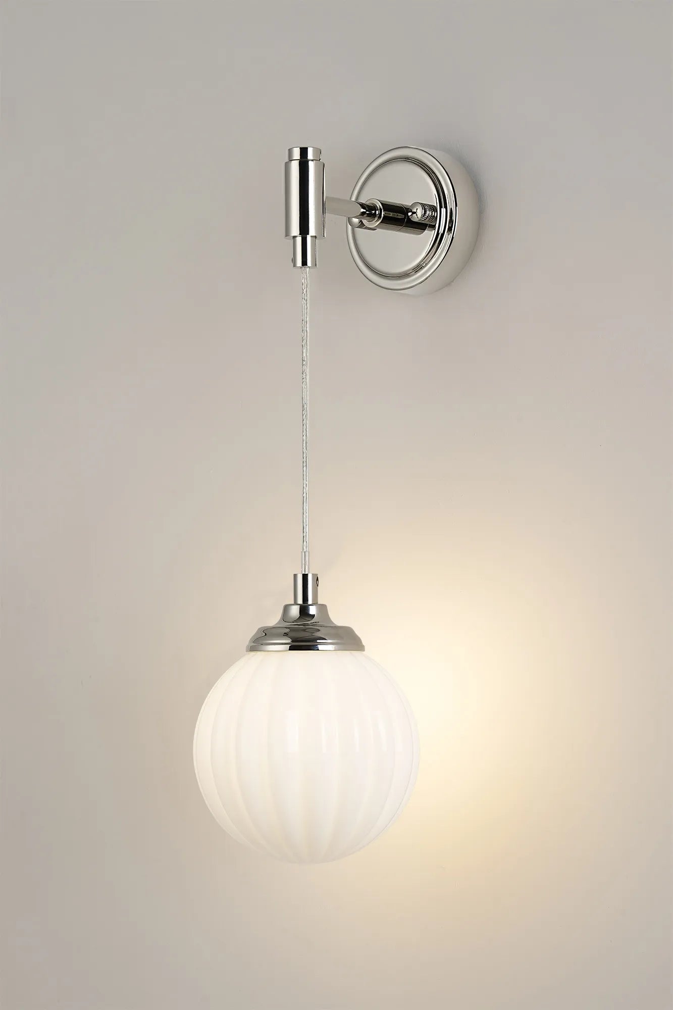 Dene Adjustable Single Wall Light IP44 - Polished Nickel & Opal Round Segment Glass