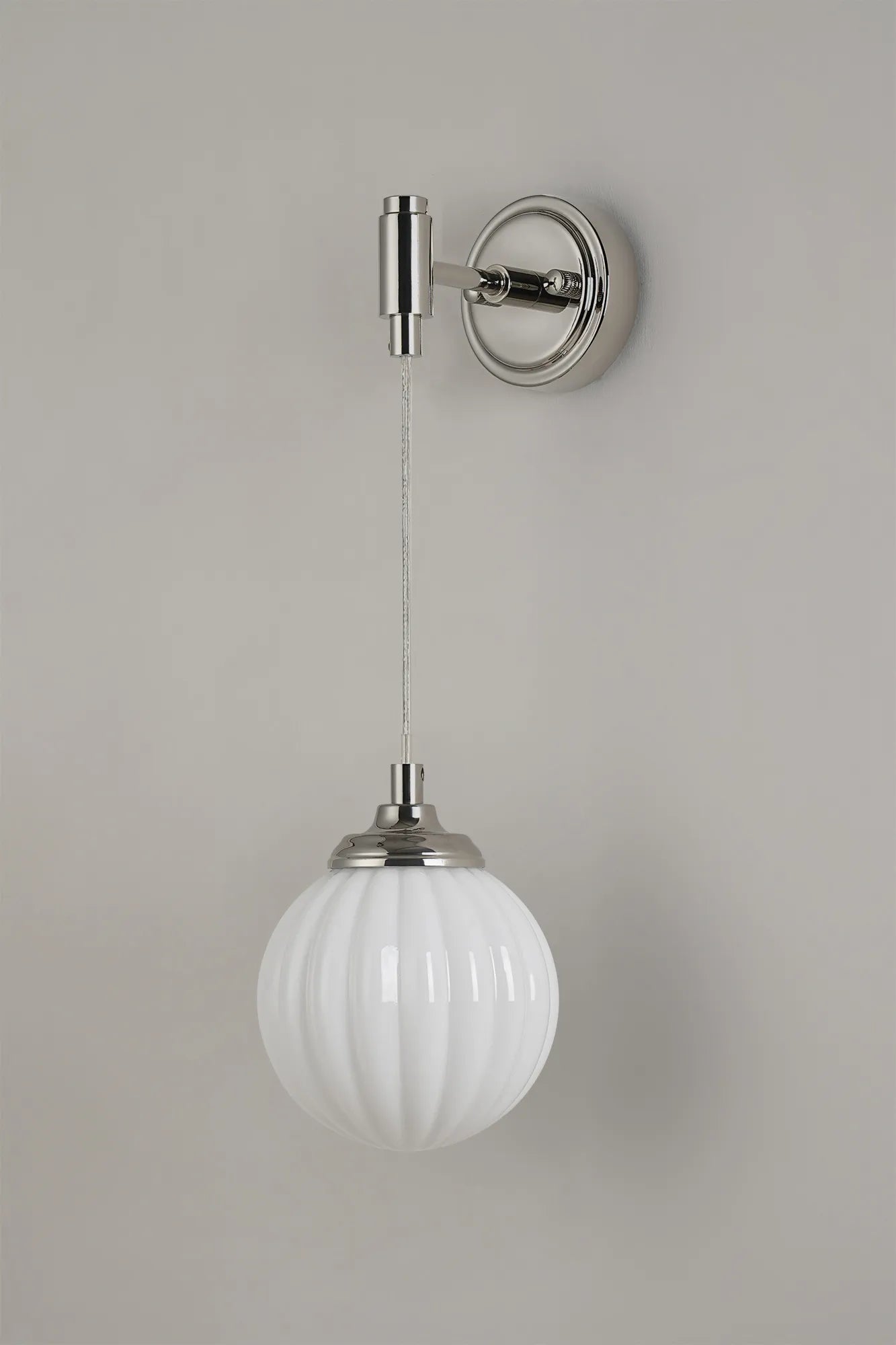 Dene Adjustable Single Wall Light IP44 - Polished Nickel & Opal Round Segment Glass