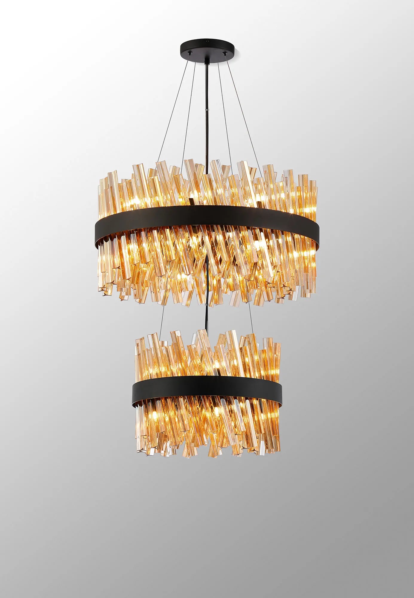 Farnley 2 Tier 60cm Pendant 18 Light - Satin Black & Amber