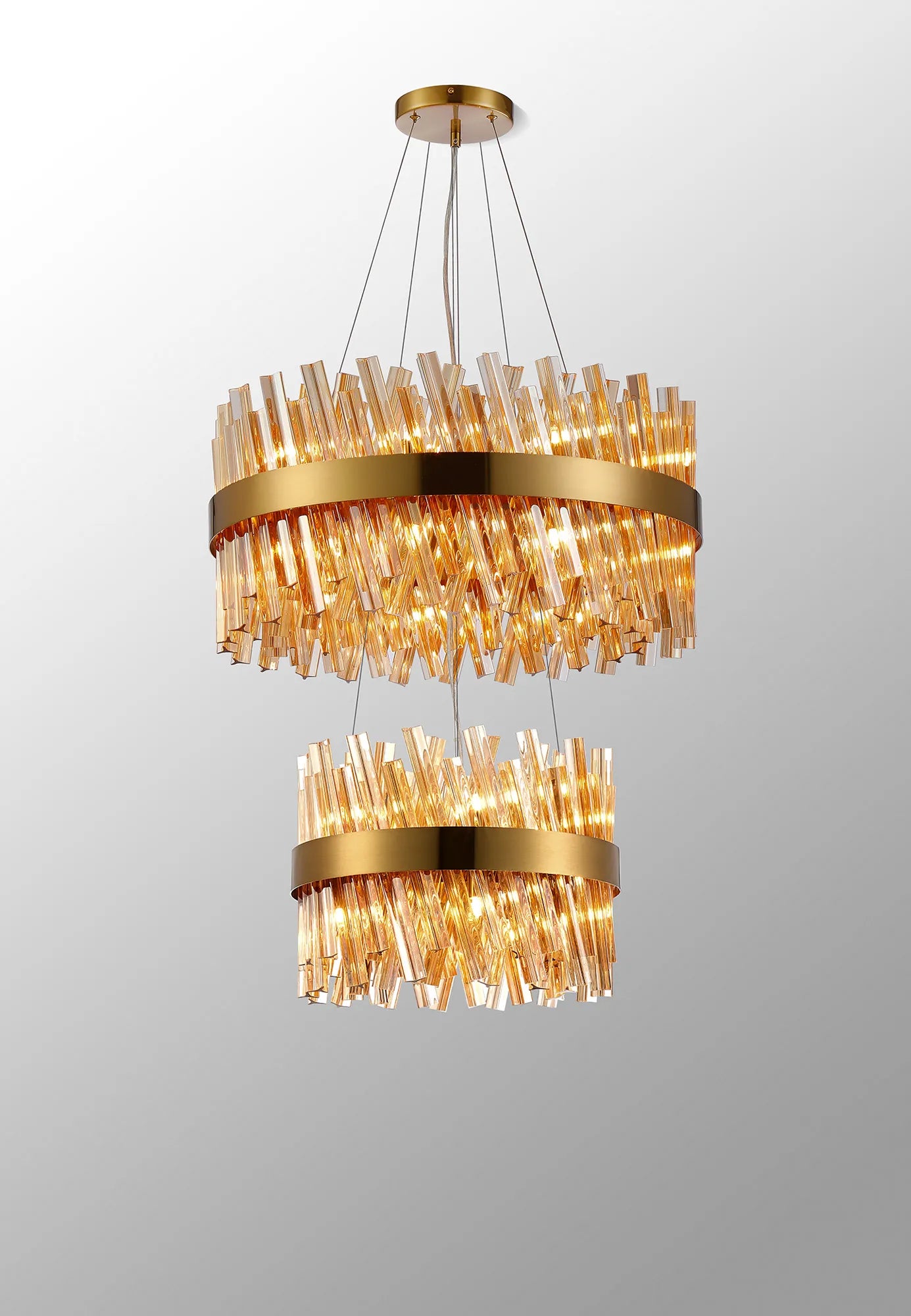 Farnley 2 Tier 60cm Pendant 18 Light - Brass & Amber