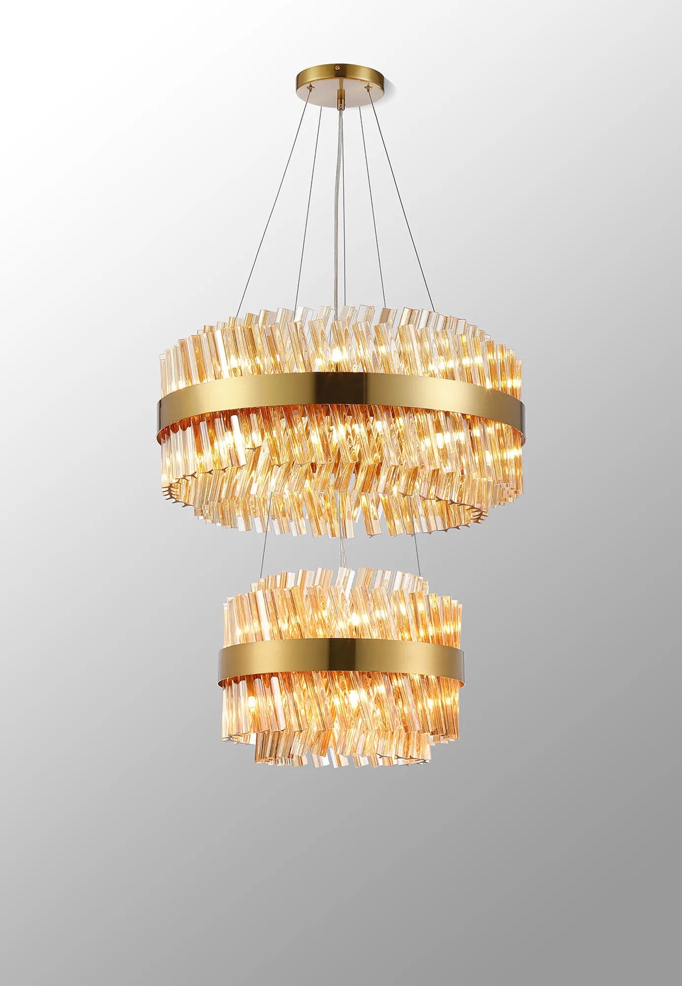 Farnley 2 Tier 60cm Pendant 18 Light - Brass & Amber