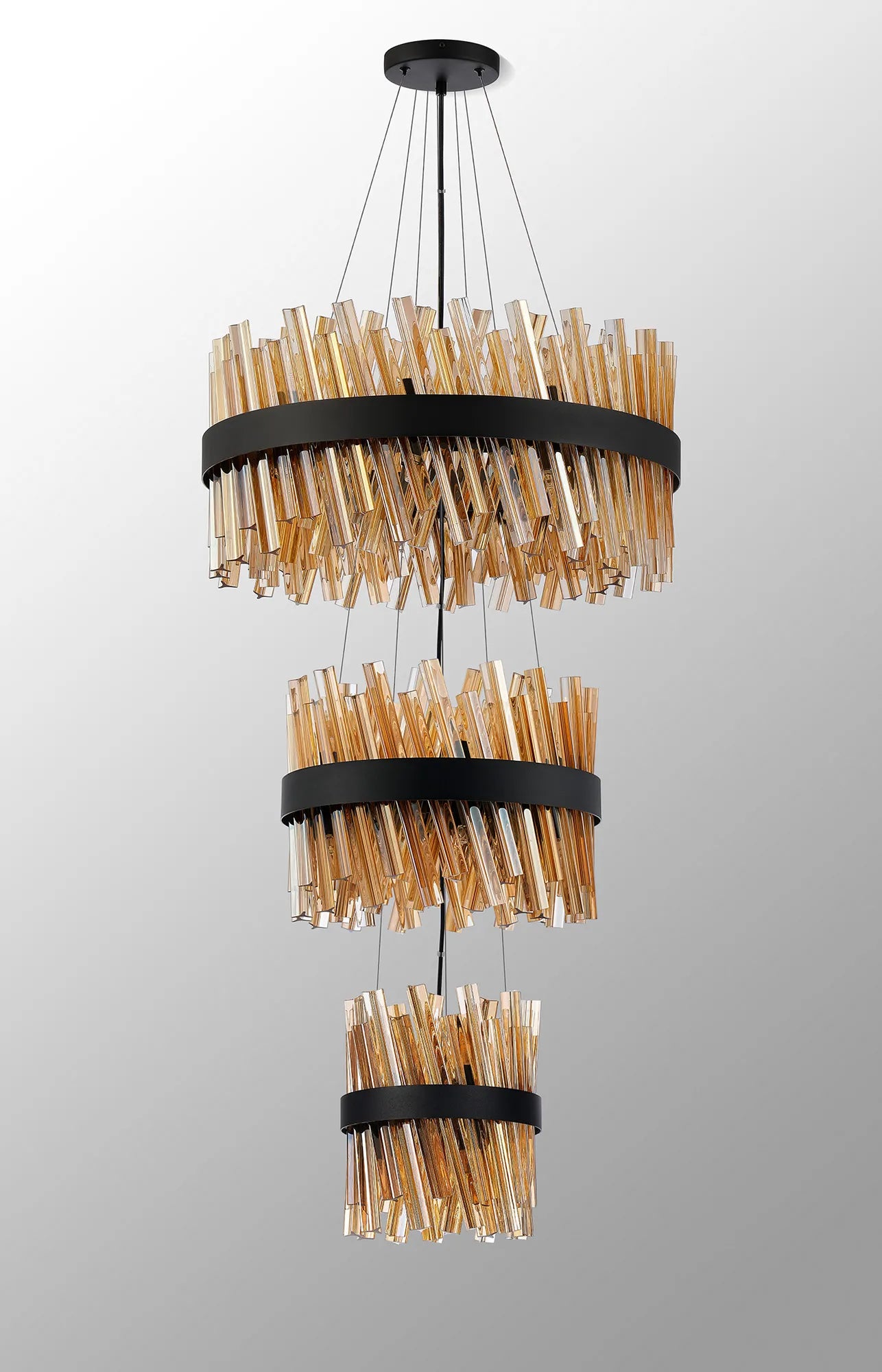 Farnley 3 Tier 60cm Pendant 18 Light - Satin Black & Amber