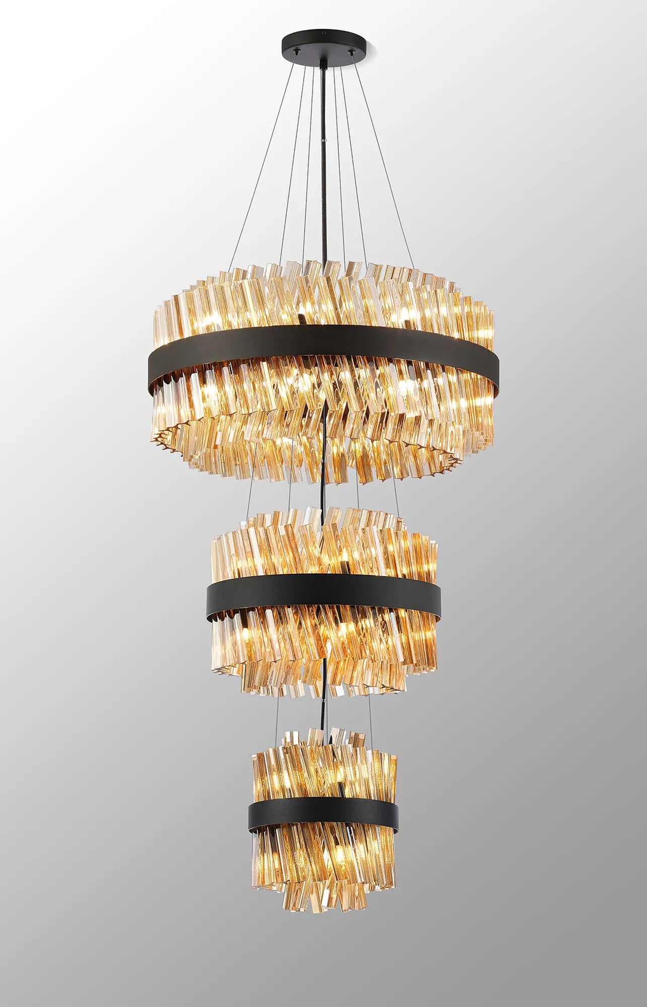 Farnley 3 Tier 60cm Pendant 18 Light - Satin Black & Amber