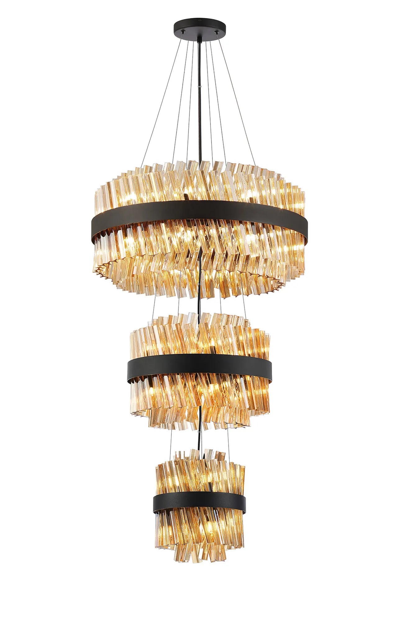 Farnley 3 Tier 60cm Pendant 18 Light - Satin Black & Amber