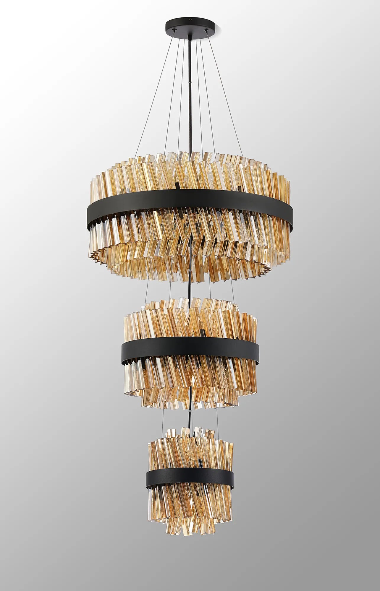 Farnley 3 Tier 60cm Pendant 18 Light - Satin Black & Amber