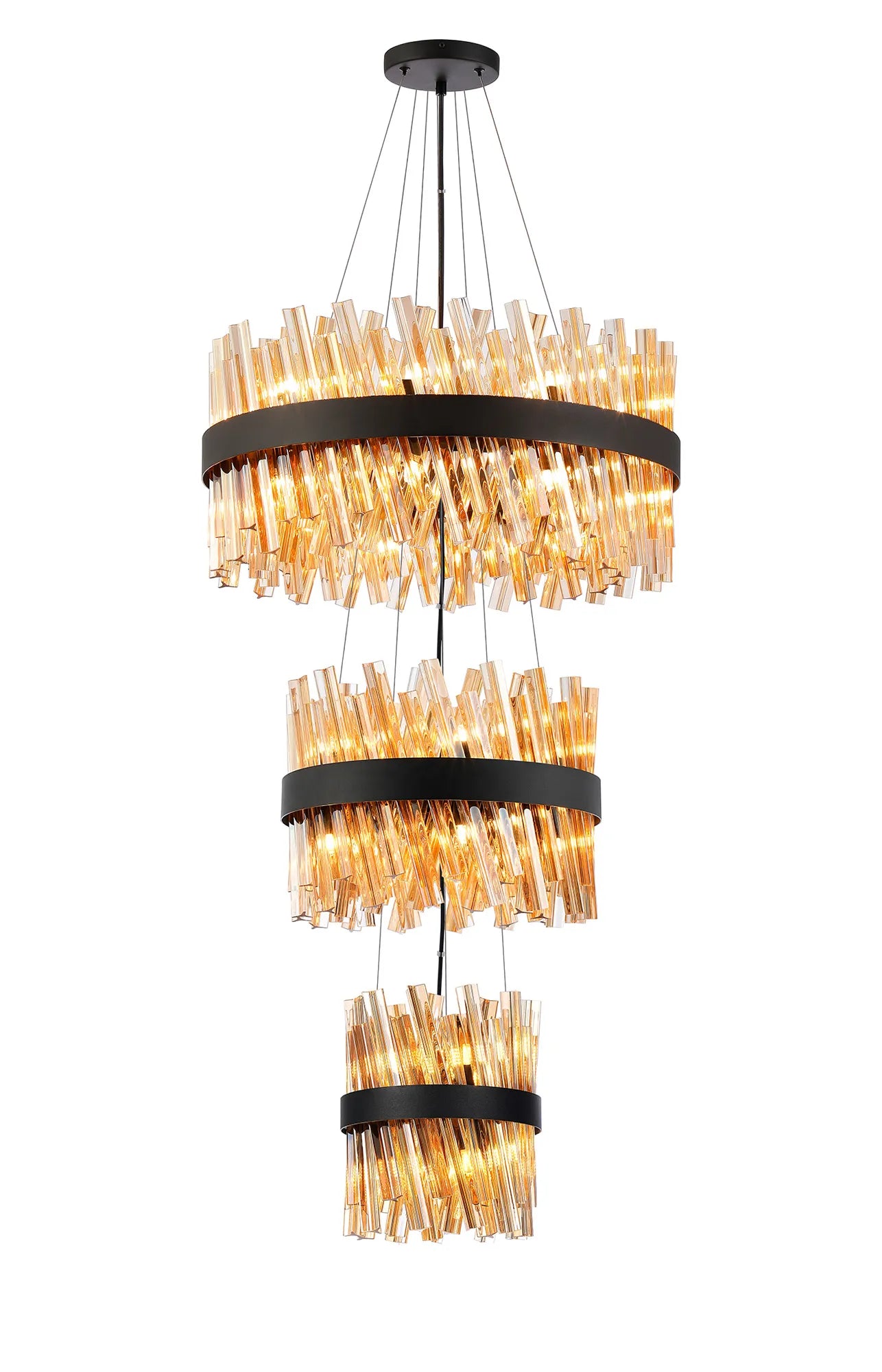 Farnley 3 Tier 60cm Pendant 18 Light - Satin Black & Amber