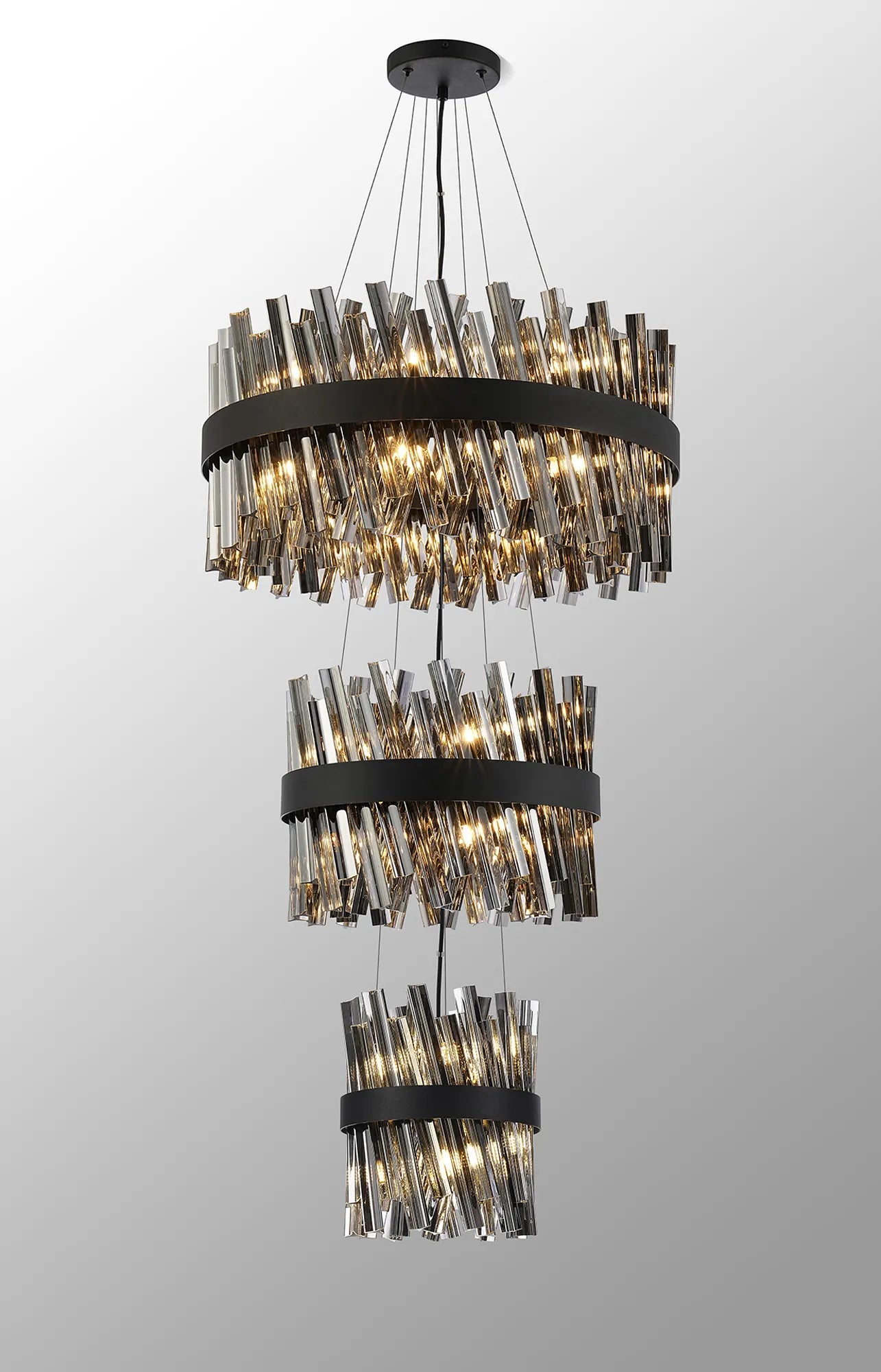 Farnley 3 Tier 60cm Pendant 18 Light - Satin Black & Smoke