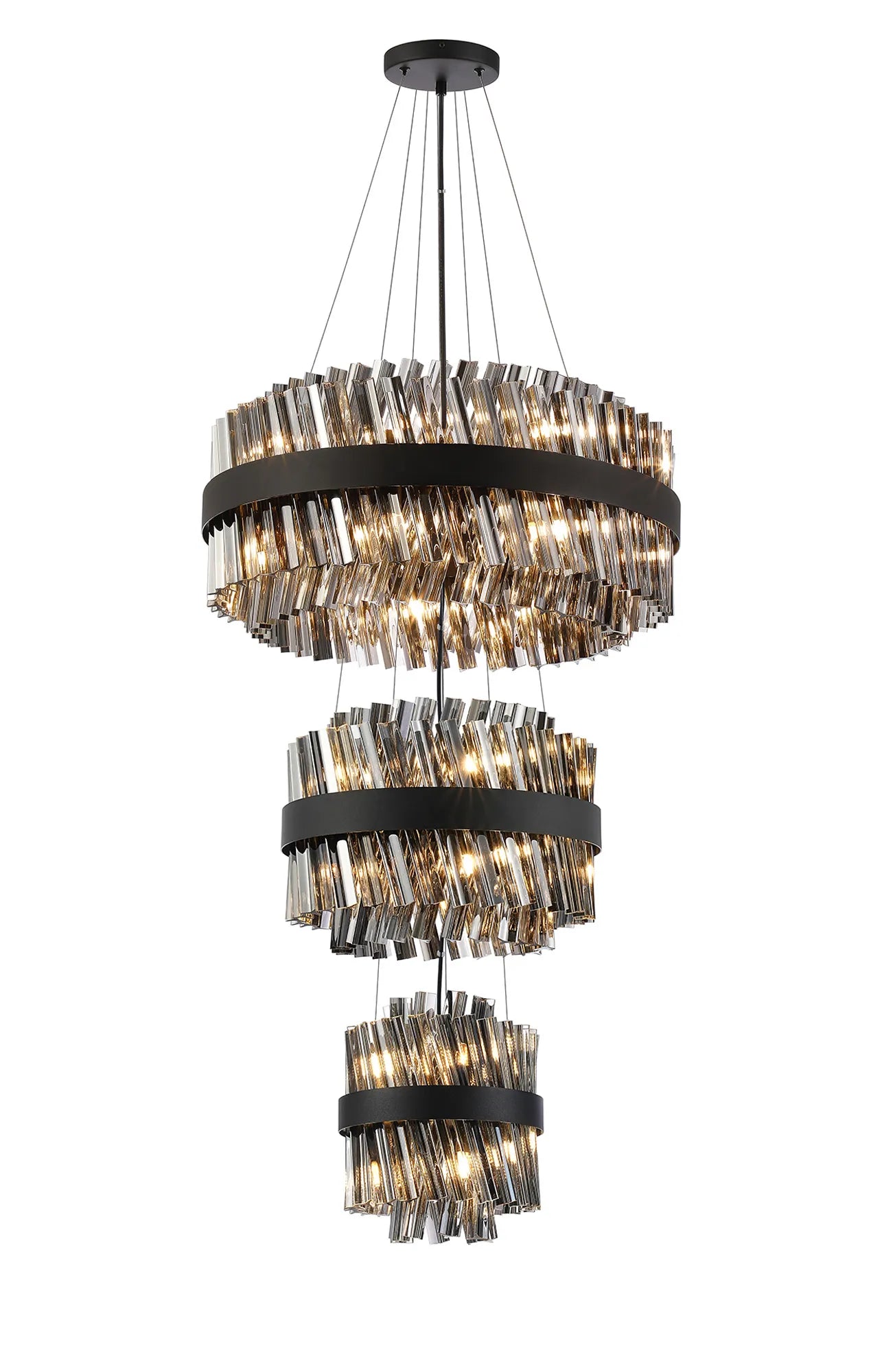 Farnley 3 Tier 60cm Pendant 18 Light - Satin Black & Smoke