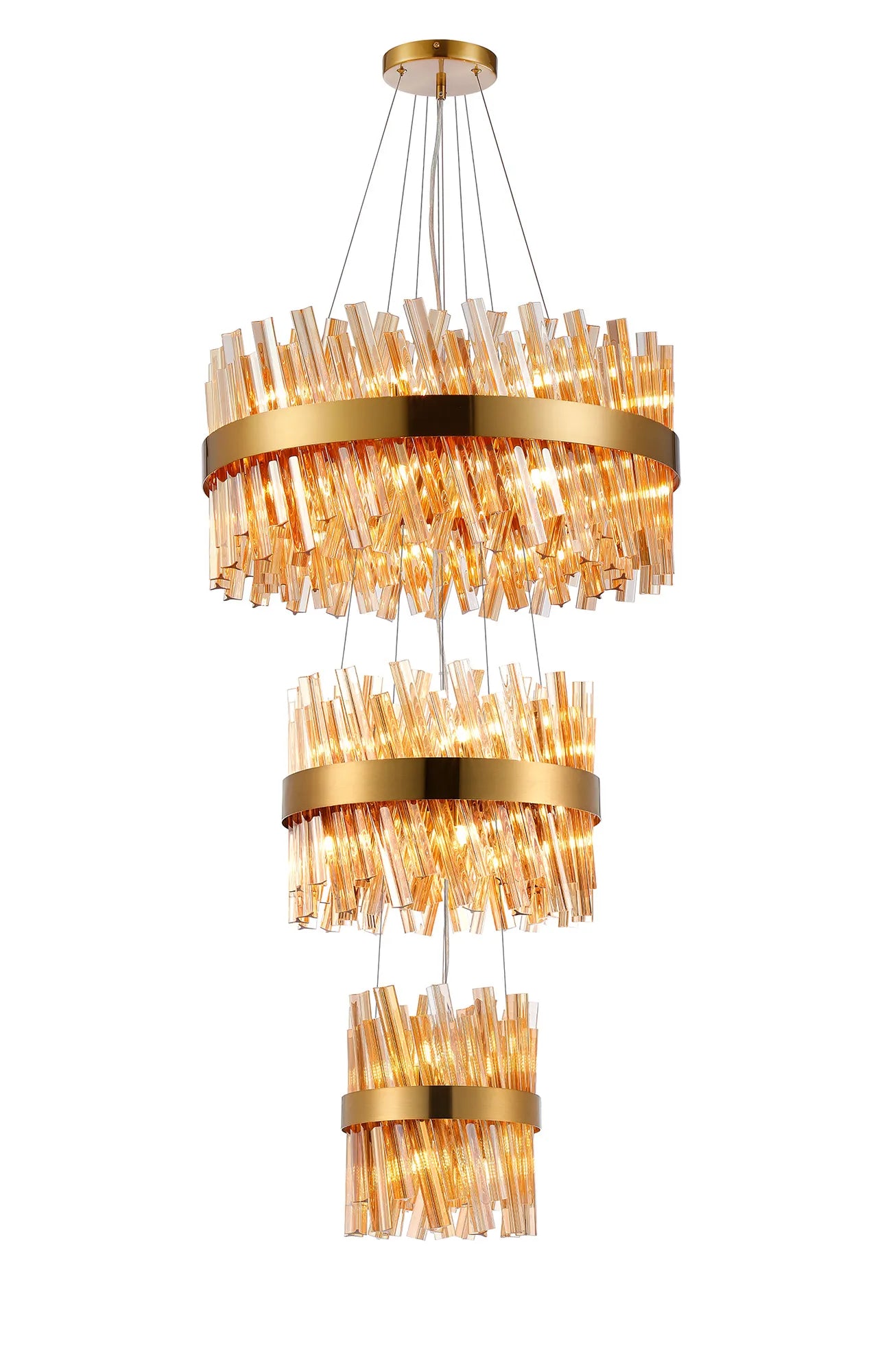Farnley 3 Tier 60cm Pendant 18 Light - Brass & Amber