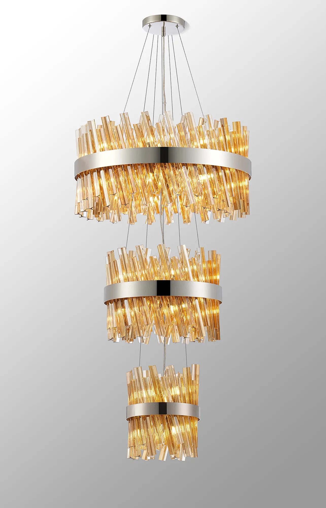 Farnley 3 Tier 60cm Pendant 18 Light - Polished Nickel & Amber