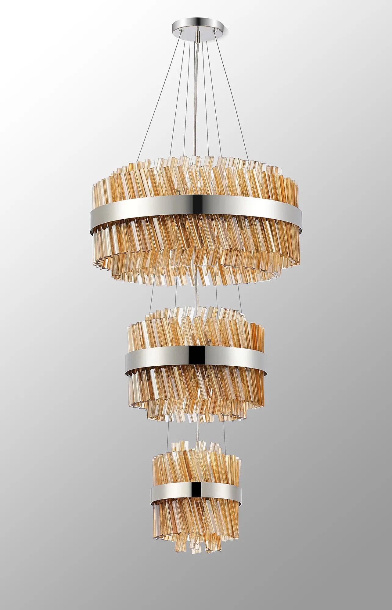 Farnley 3 Tier 60cm Pendant 18 Light - Polished Nickel & Amber