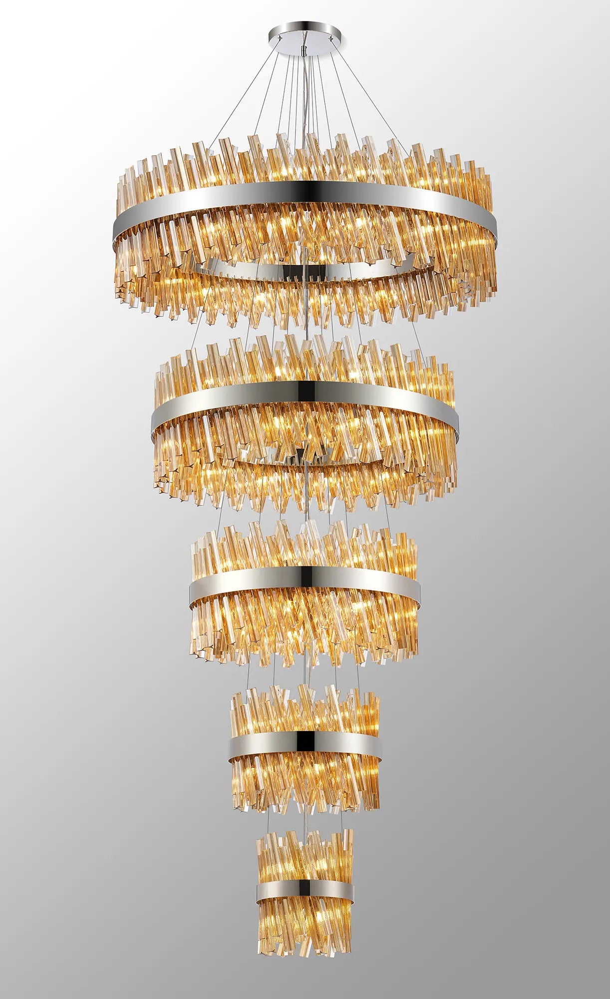 Farnley 5 Tier 1m Pendant 32 Light - Polished Nickel & Amber