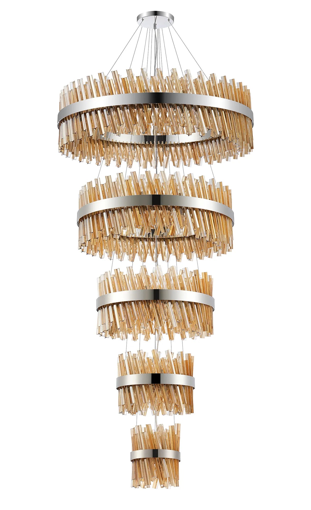 Farnley 5 Tier 1m Pendant 32 Light - Polished Nickel & Amber