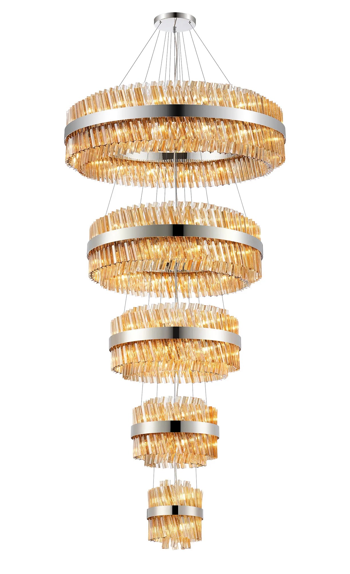 Farnley 5 Tier 1m Pendant 32 Light - Polished Nickel & Amber