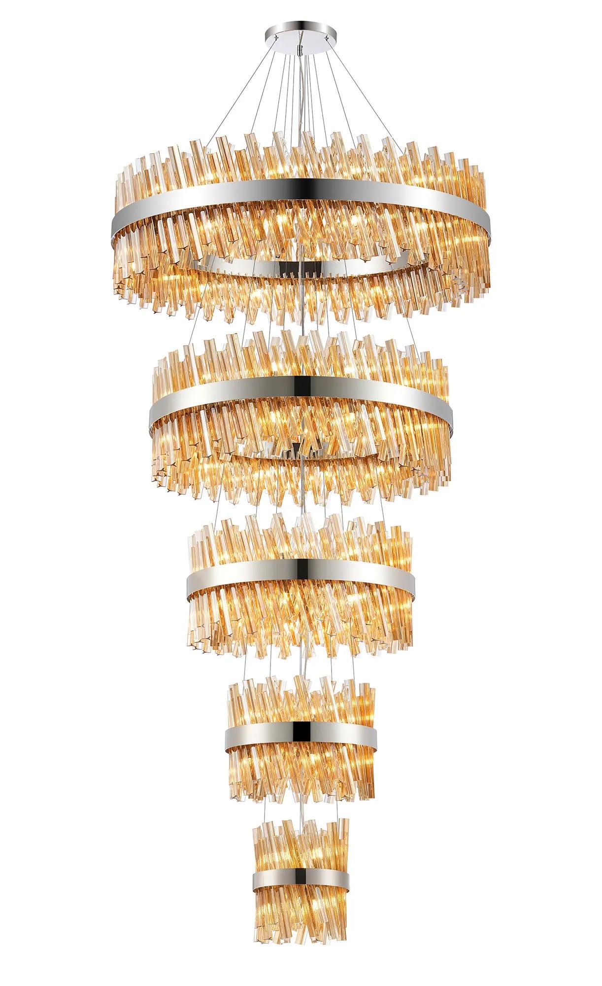 Farnley 5 Tier 1m Pendant 32 Light - Polished Nickel & Amber