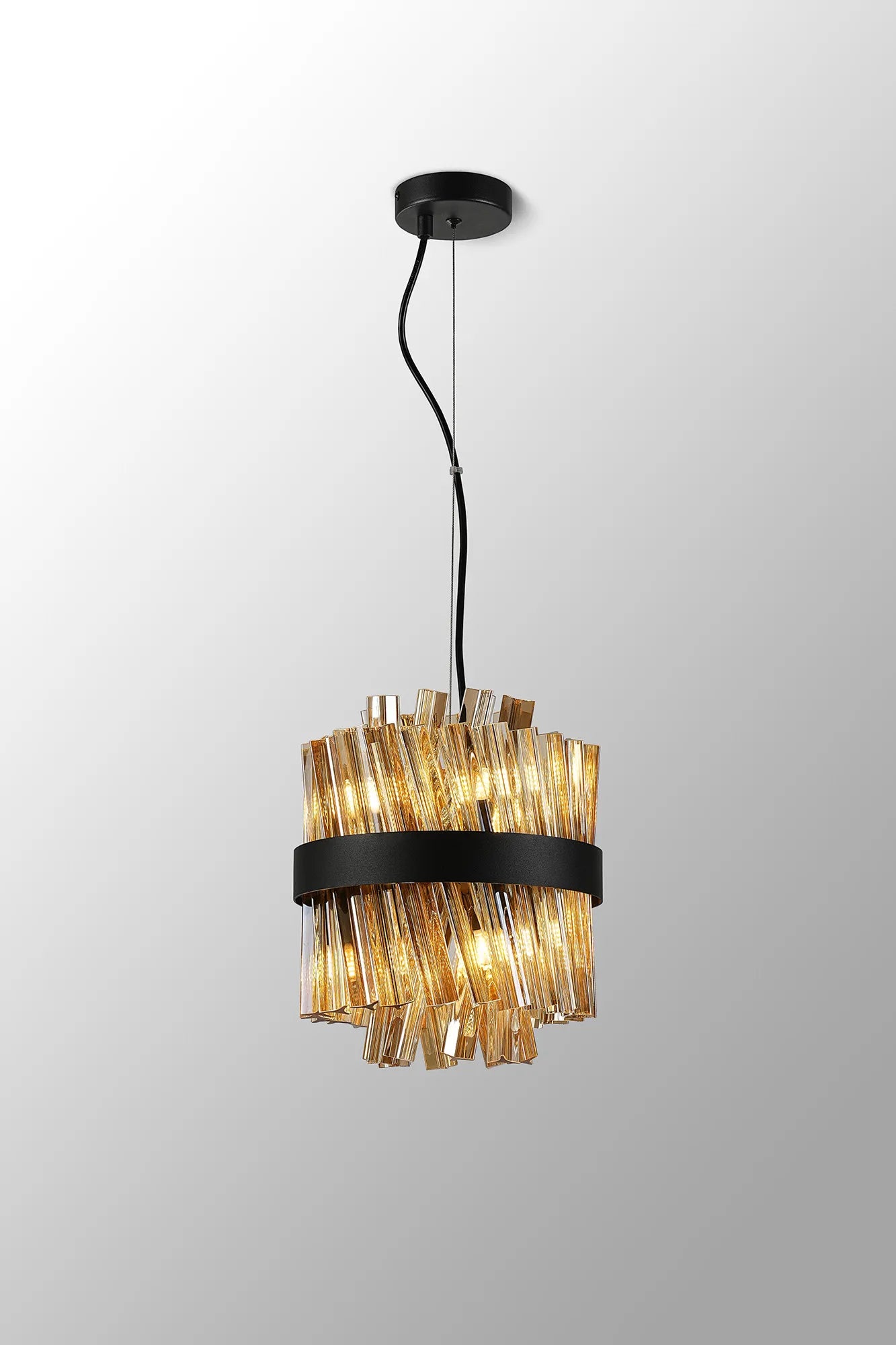 Farnley Pendant Round 6 Light - Satin Black & Amber Sculpted Glass