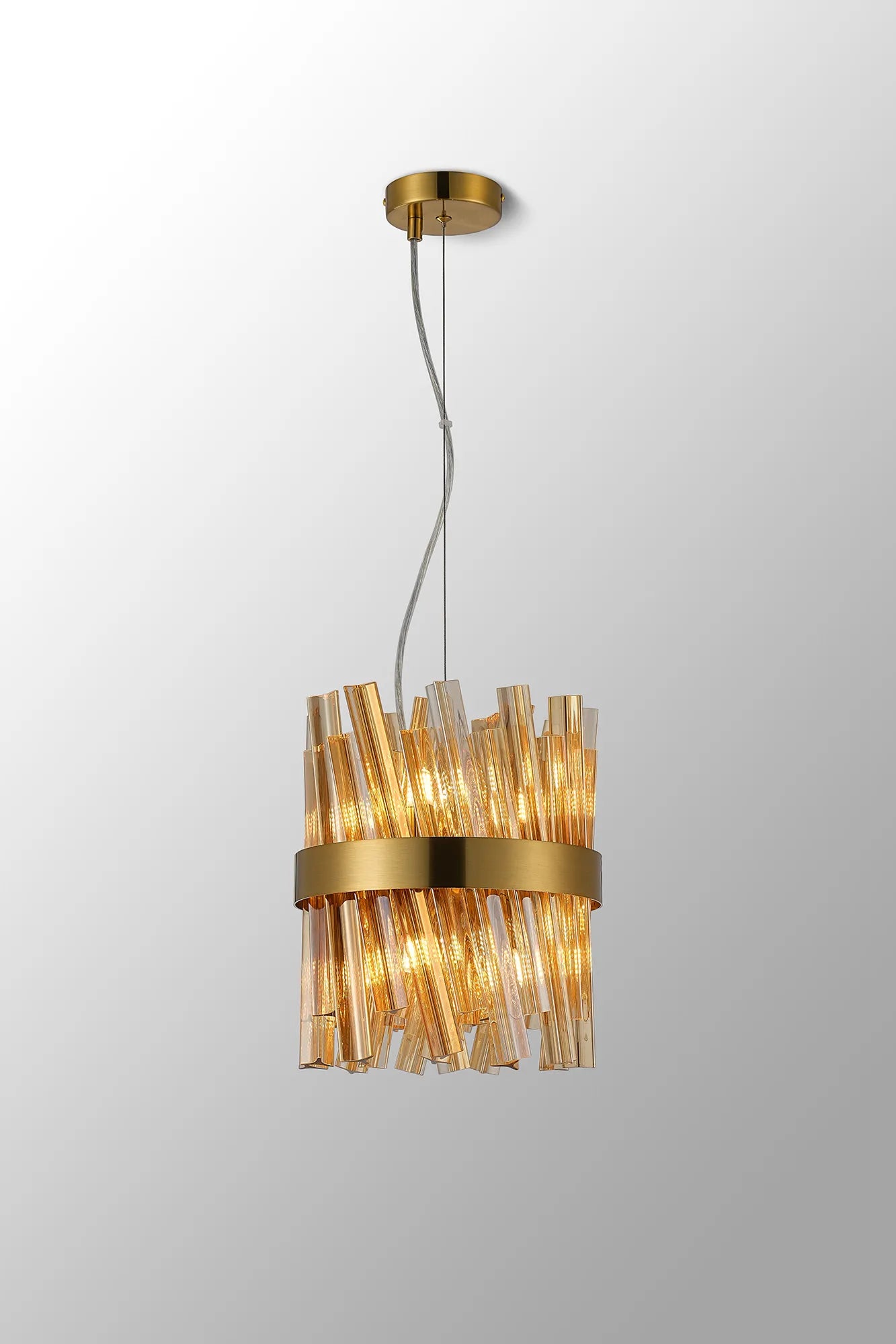 Farnley Pendant Round 6 Light - Brass & Amber Sculpted Glass