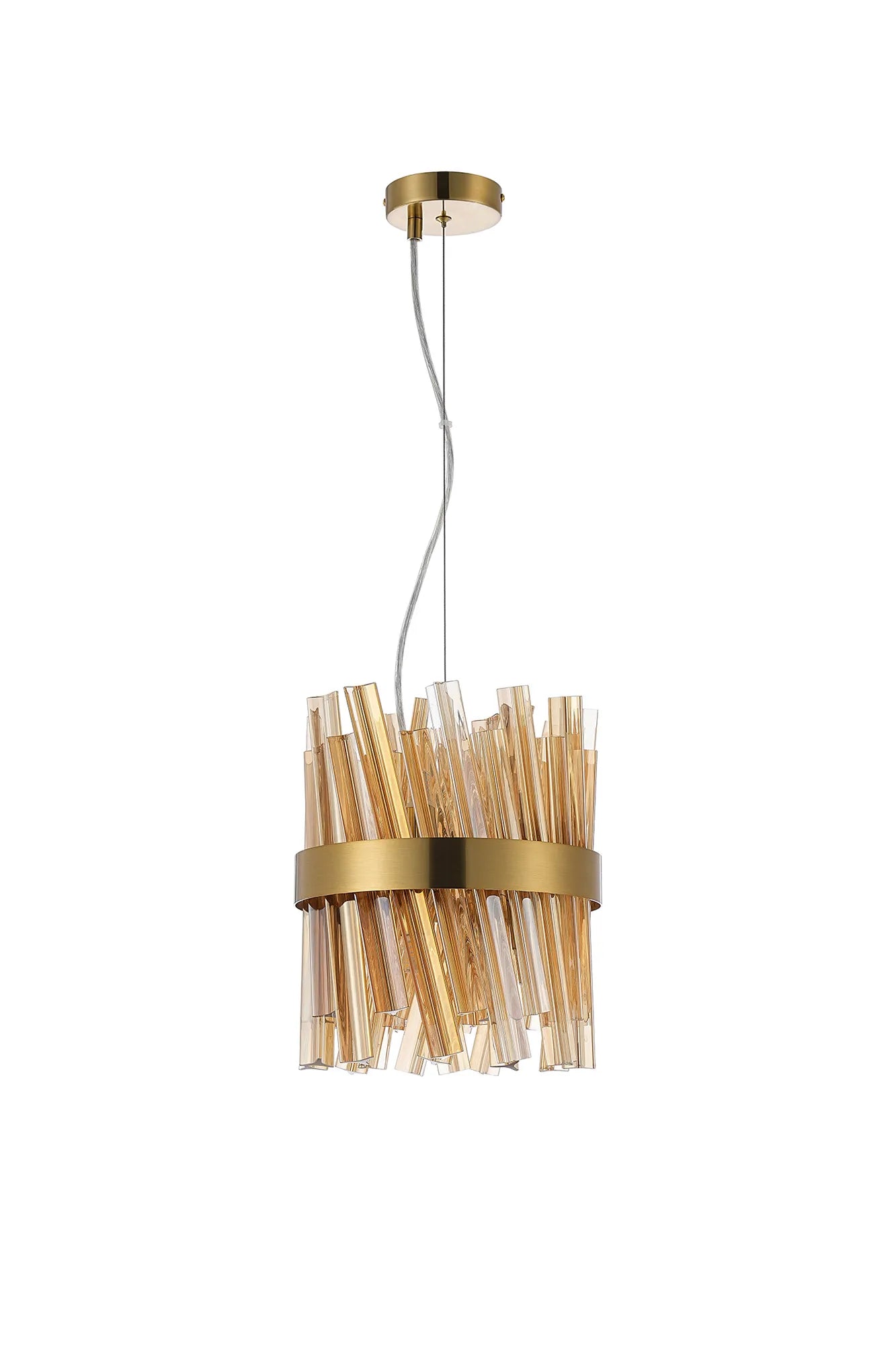 Farnley Pendant Round 6 Light - Brass & Amber Sculpted Glass