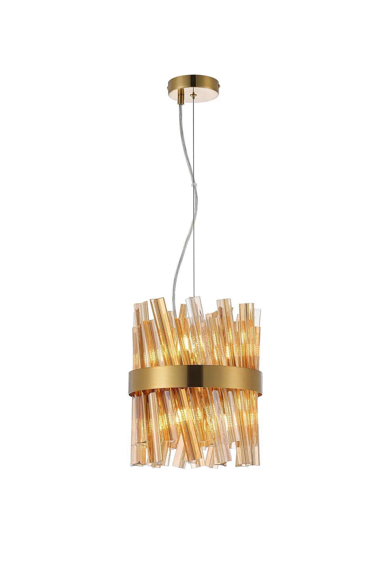 Farnley Pendant Round 6 Light - Brass & Amber Sculpted Glass