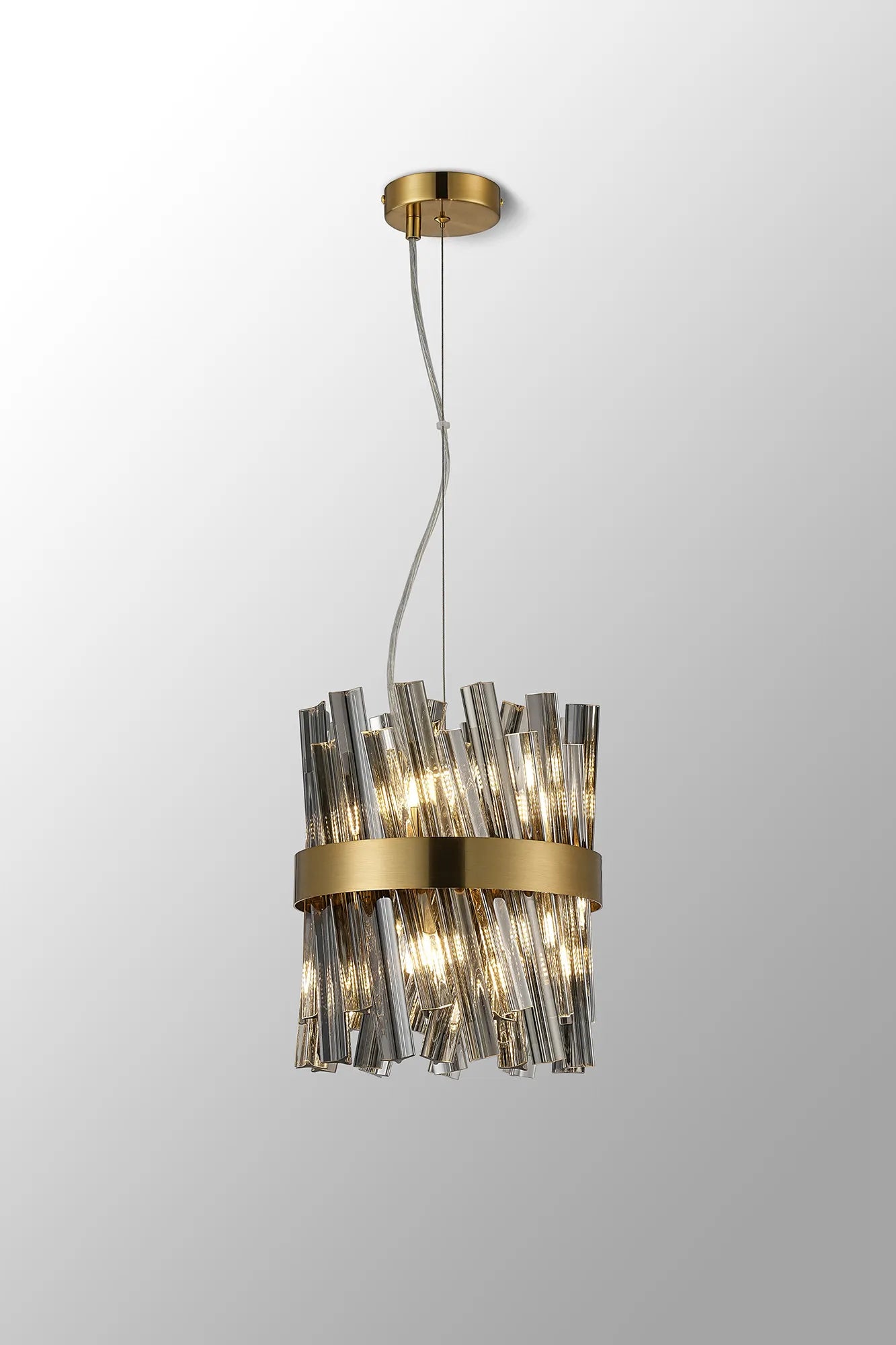 Farnley Pendant Round 6 Light - Brass & Smoke Sculpted Glass