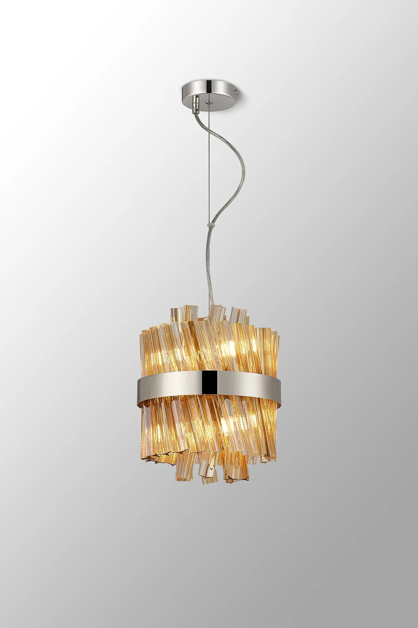 Farnley Pendant Round 6 Light - Polished Nickel & Amber Sculpted Glass