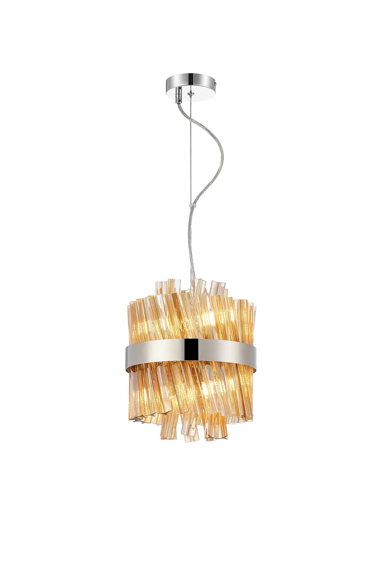Farnley Pendant Round 6 Light - Polished Nickel & Amber Sculpted Glass
