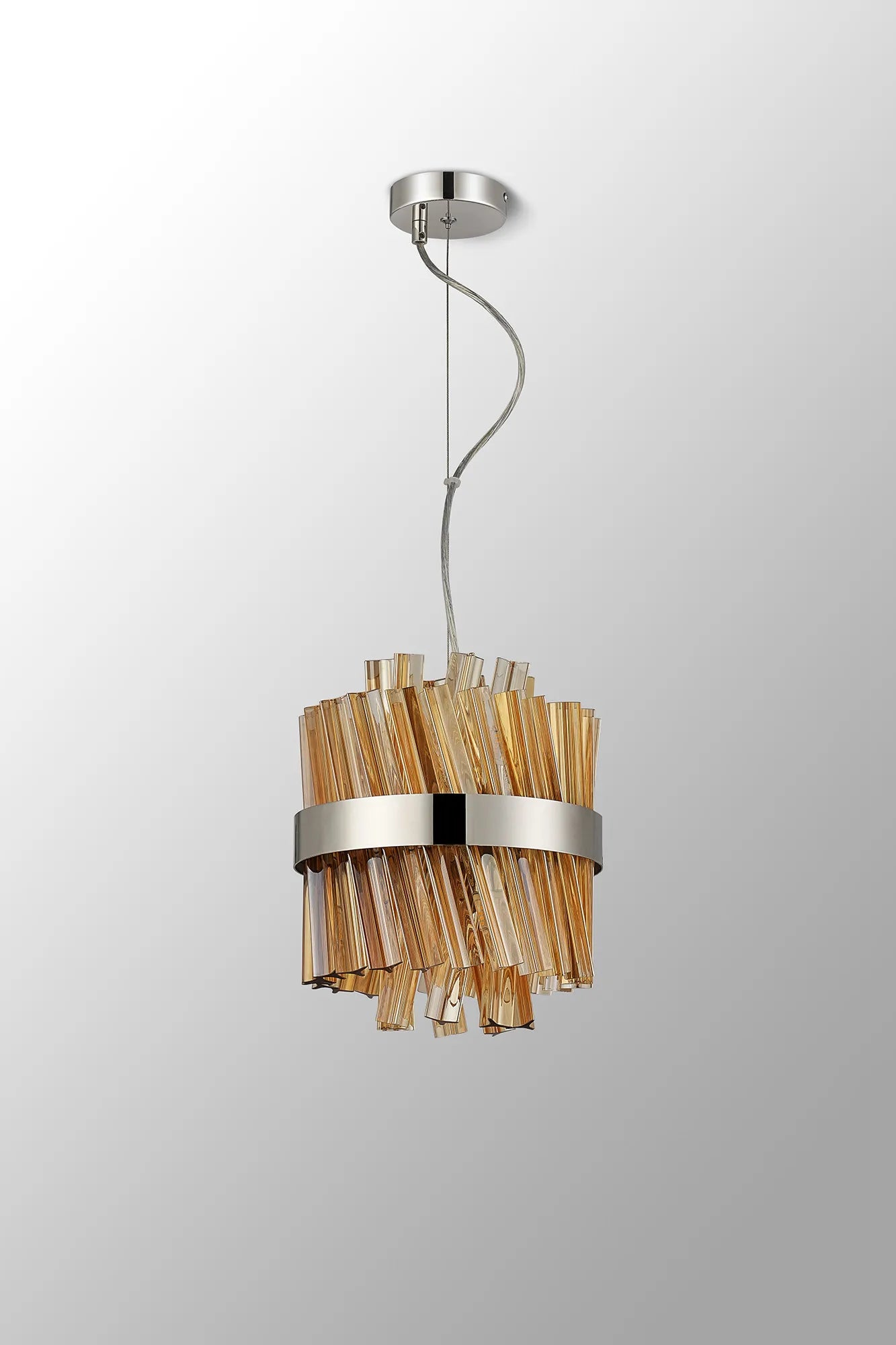 Farnley Pendant Round 6 Light - Polished Nickel & Amber Sculpted Glass