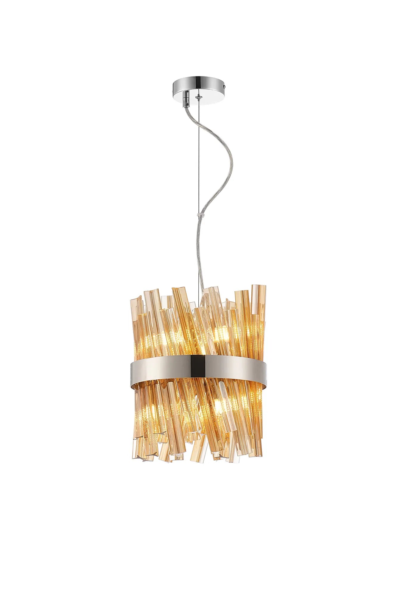 Farnley Pendant Round 6 Light - Polished Nickel & Amber Sculpted Glass