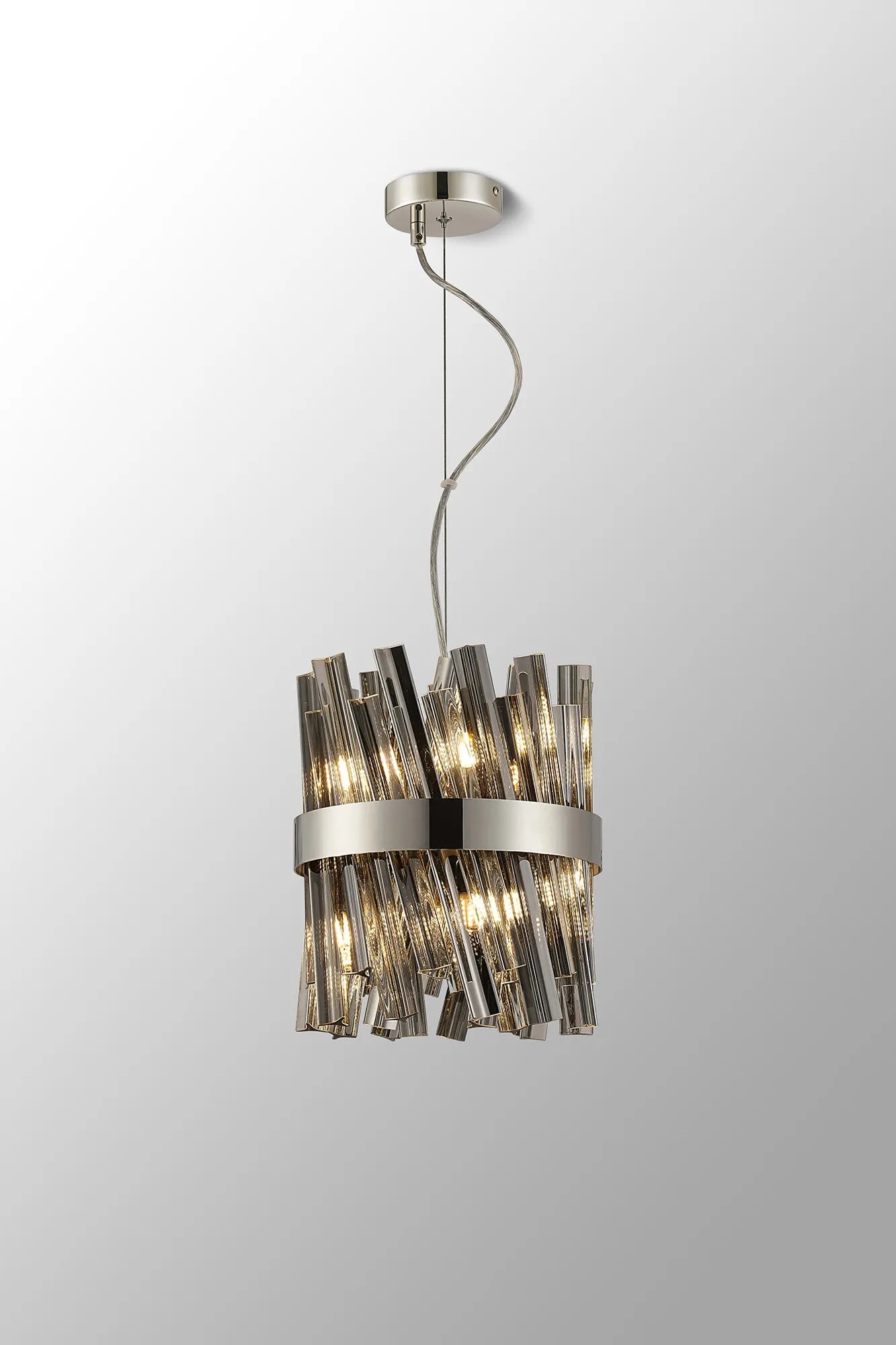 Farnley Pendant Round 6 Light - Polished Nickel & Smoke Sculpted Glass