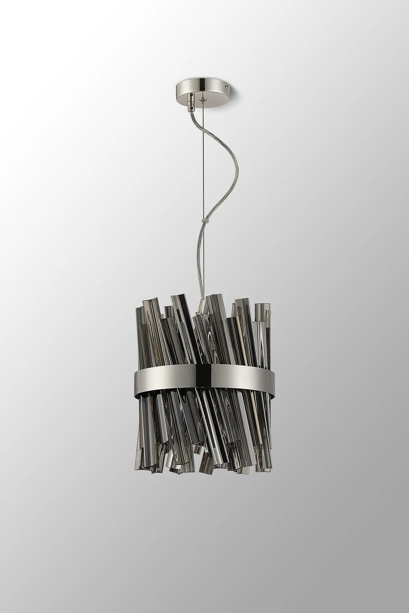 Farnley Pendant Round 6 Light - Polished Nickel & Smoke Sculpted Glass