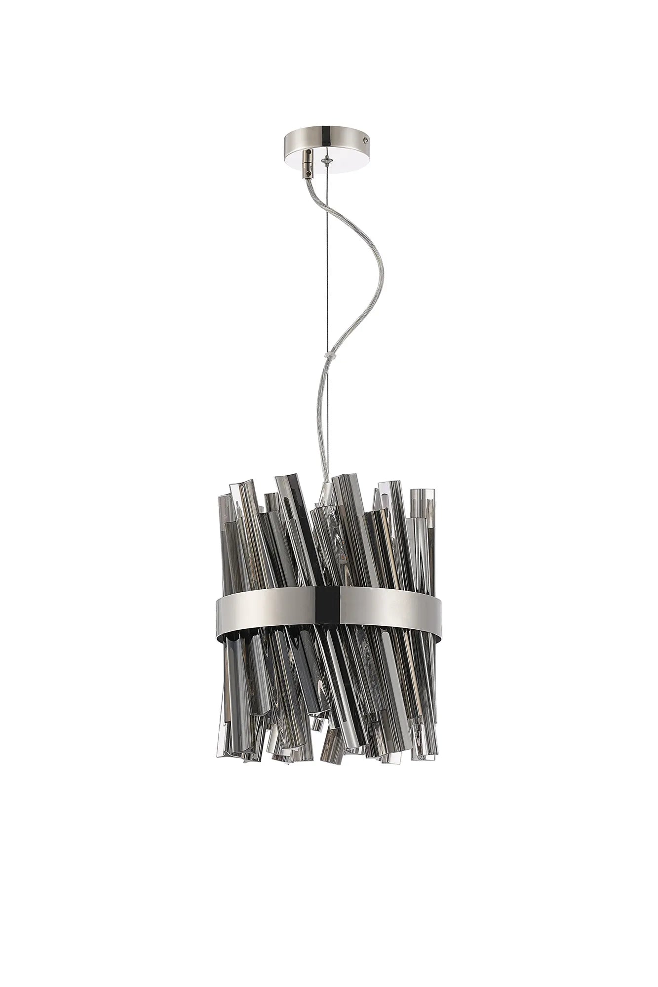Farnley Pendant Round 6 Light - Polished Nickel & Smoke Sculpted Glass