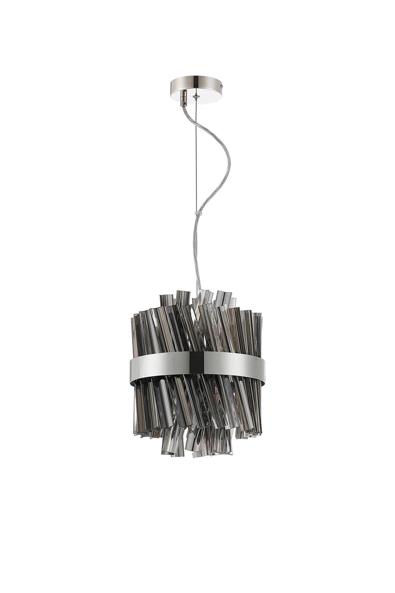 Farnley Pendant Round 6 Light - Polished Nickel & Smoke Sculpted Glass