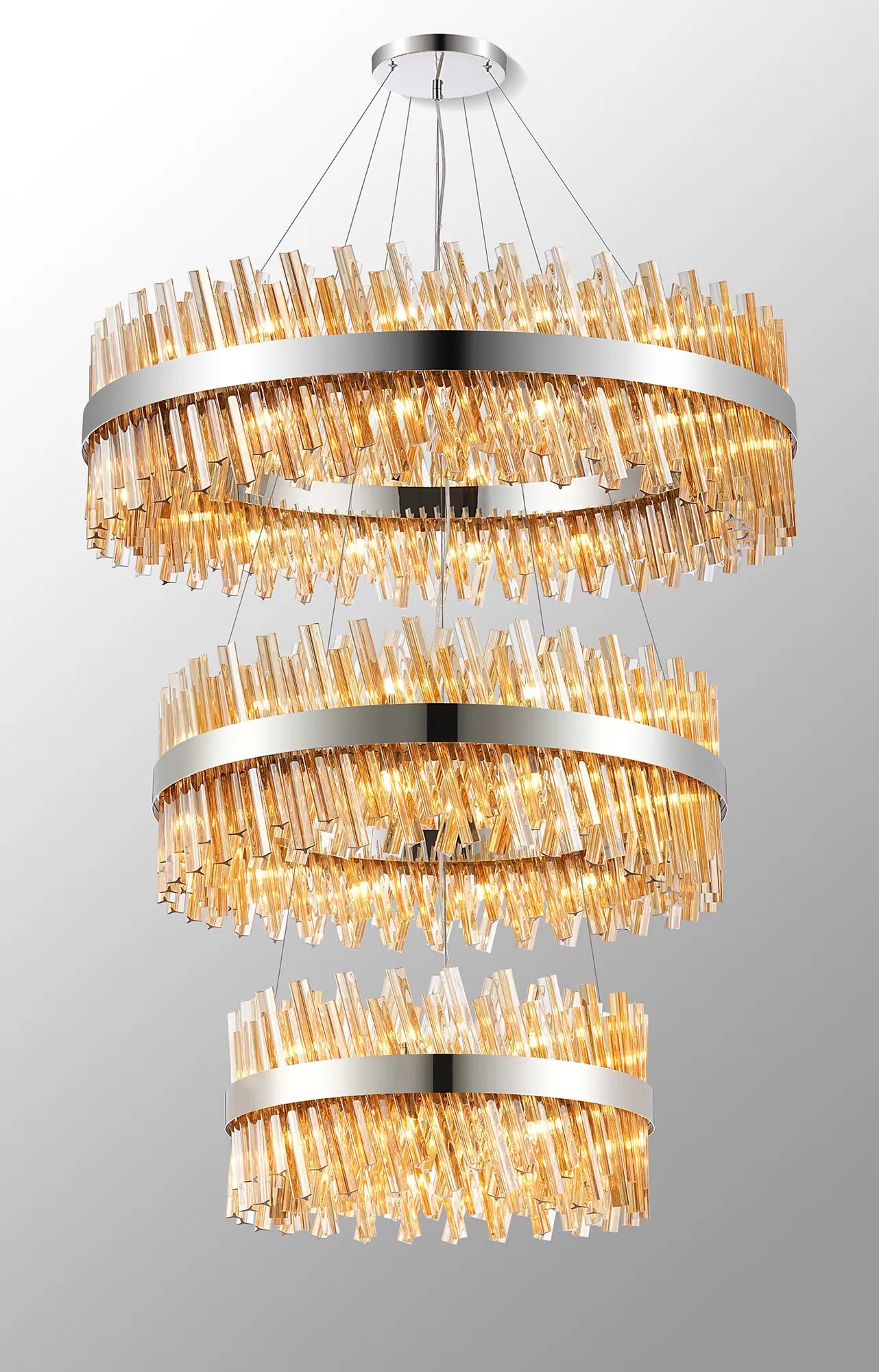 Farnley 3 Tier 1m Pendant 32 Light - Polished Nickel & Amber