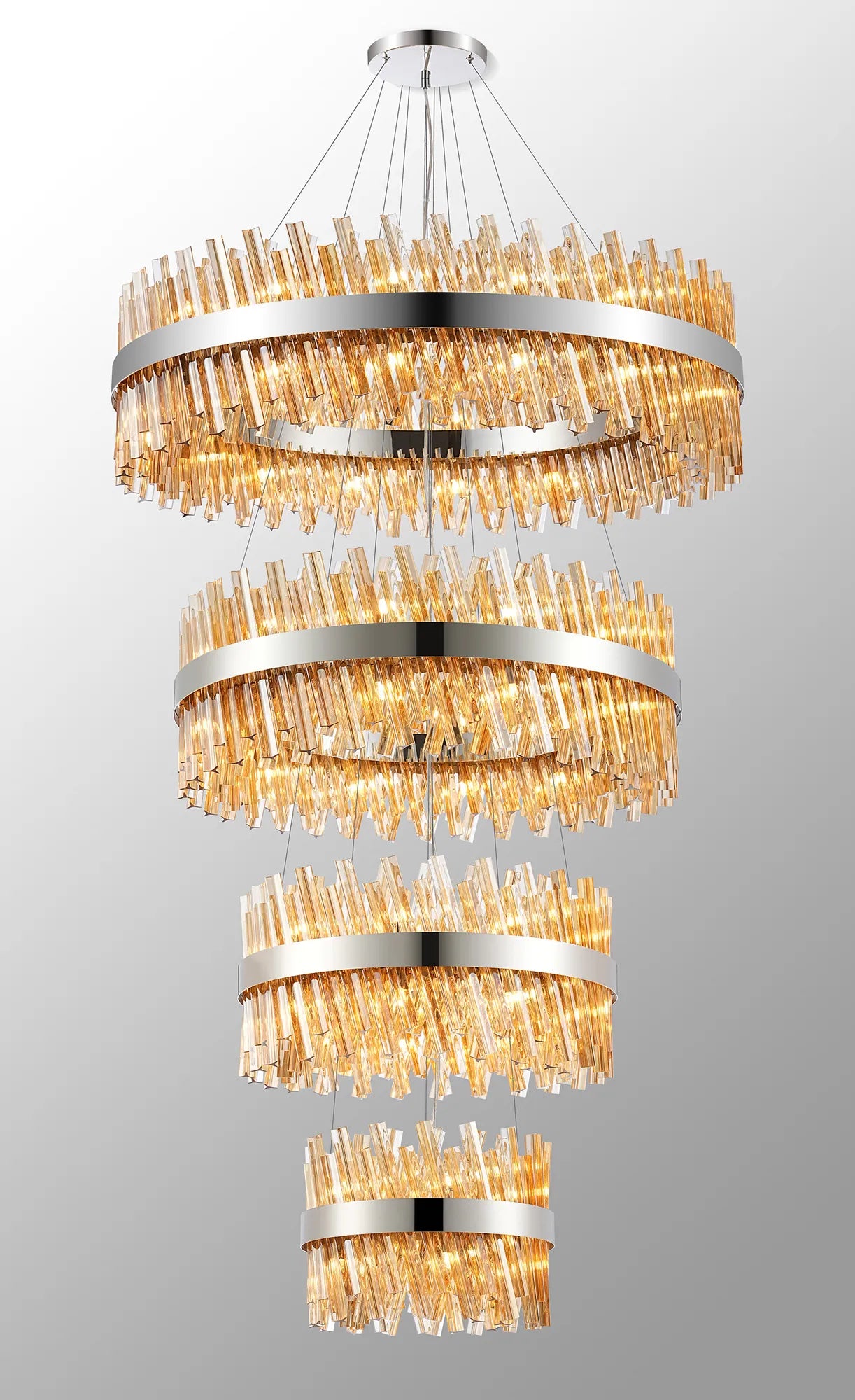 Farnley 4 Tier 1m Pendant 32 Light - Polished Nickel & Amber