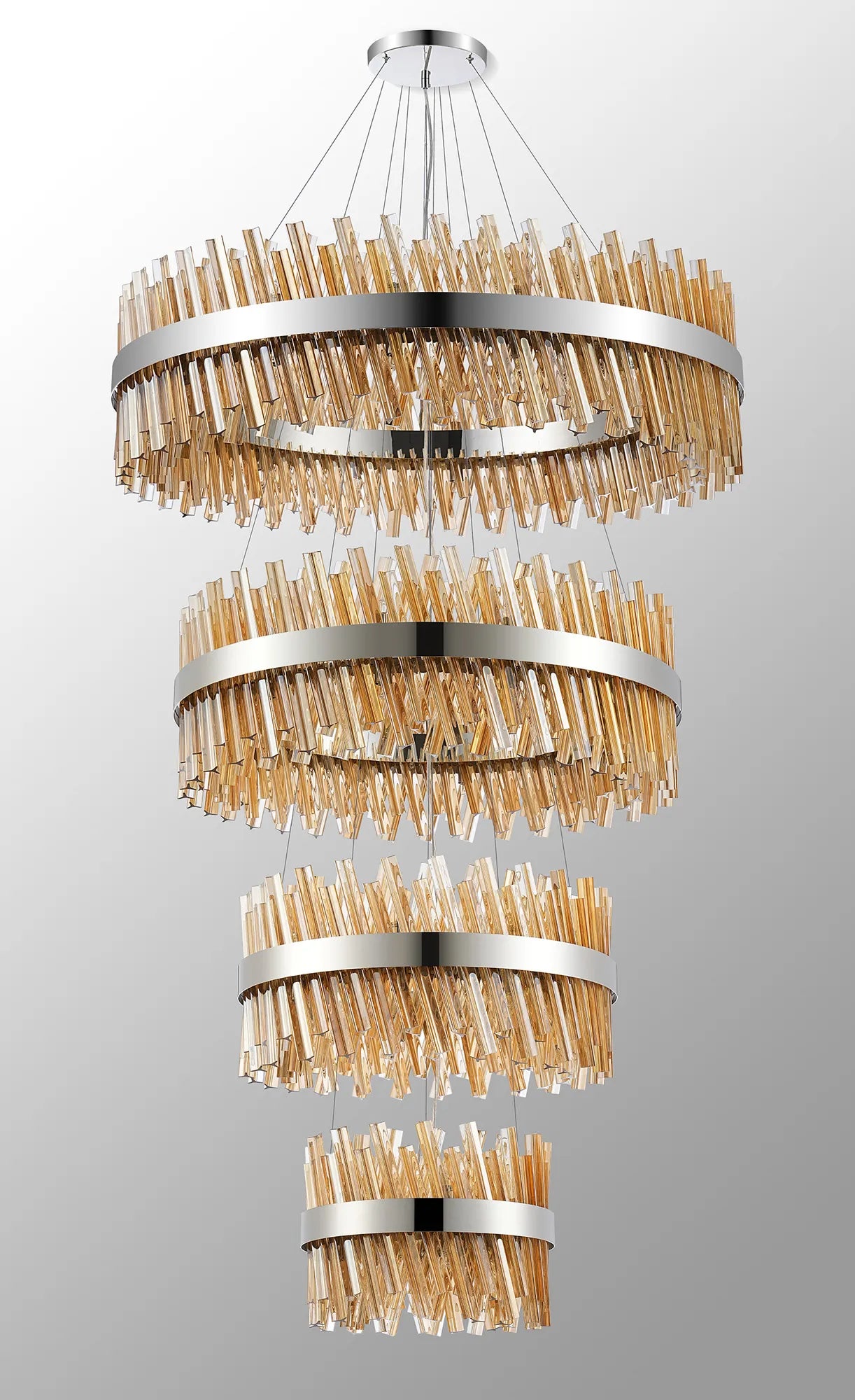 Farnley 4 Tier 1m Pendant 32 Light - Polished Nickel & Amber