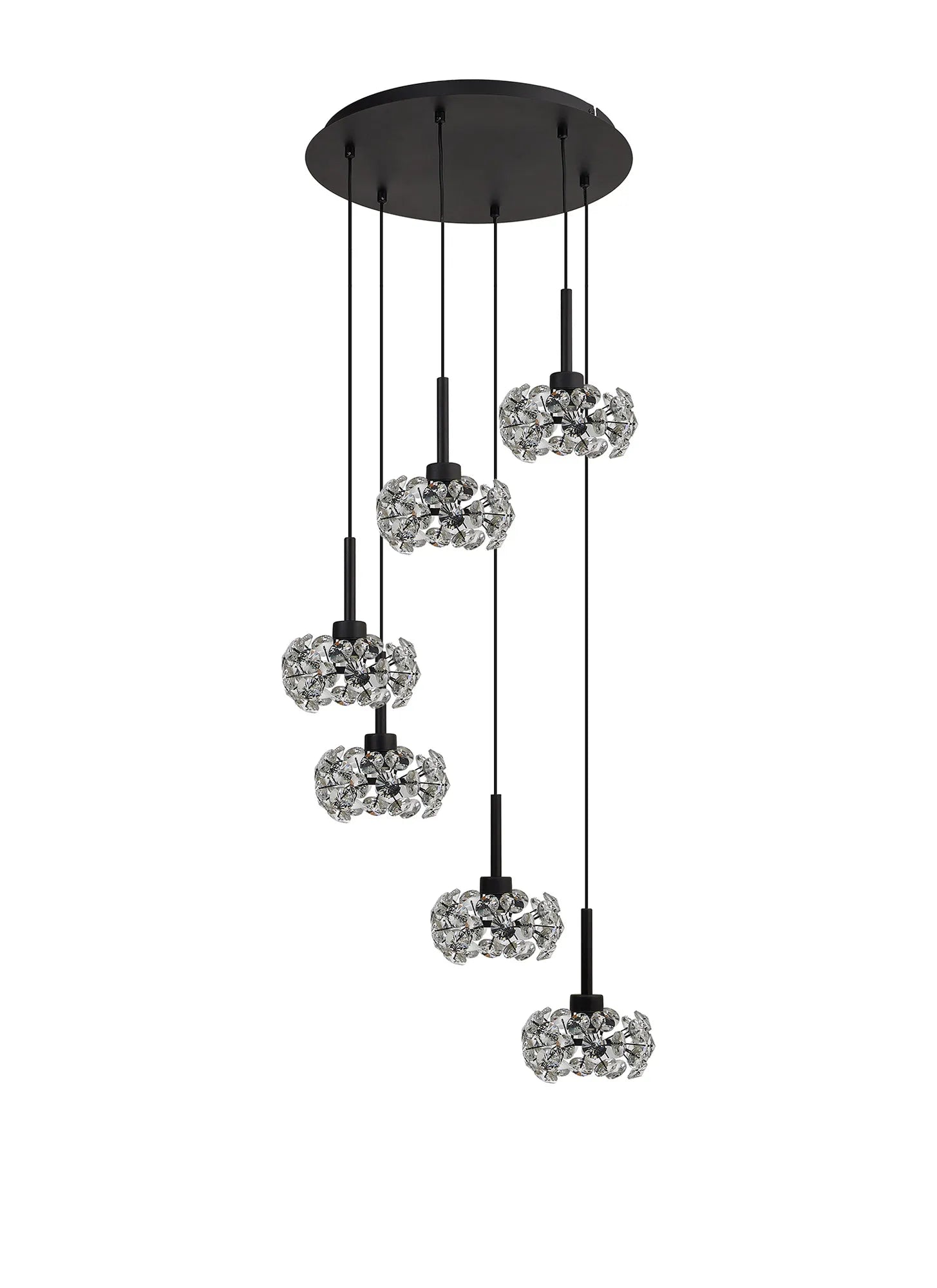 Grosvenor 6 Light Round Multiple Pendant - Satin Black & Crystal Shade