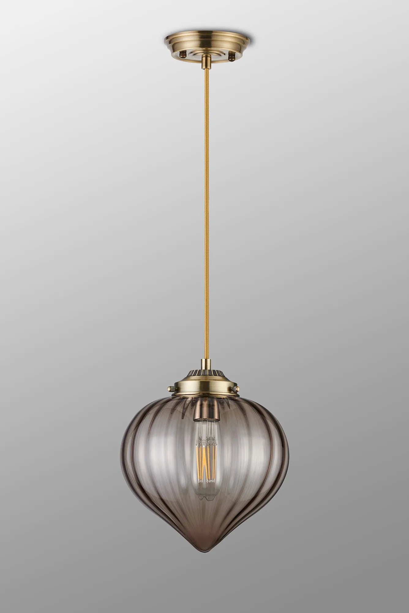 Grove Single Pendant with Flower Bud Shade - Antique Brass & Golden Brown Braided Cable & Cognac