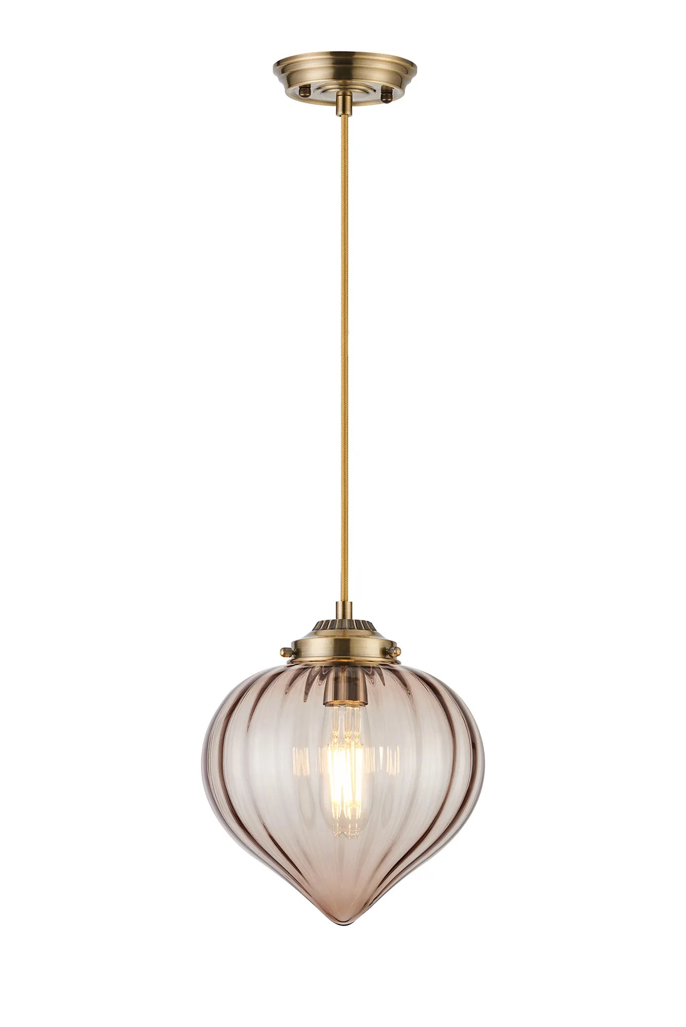 Grove Single Pendant with Flower Bud Shade - Antique Brass & Golden Brown Braided Cable & Cognac