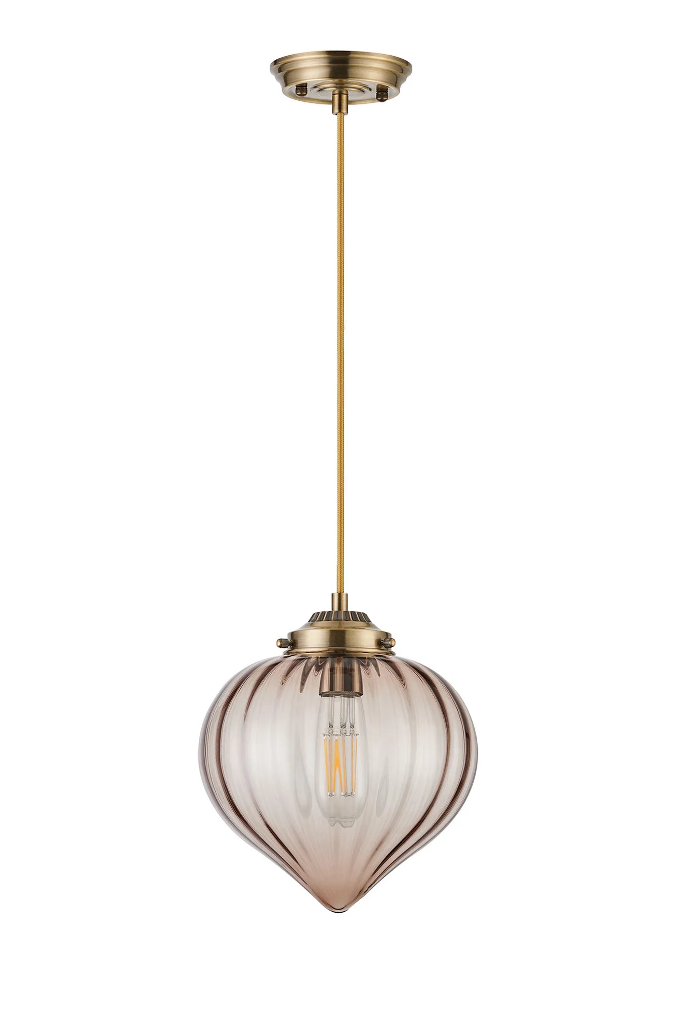 Grove Single Pendant with Flower Bud Shade - Antique Brass & Golden Brown Braided Cable & Cognac