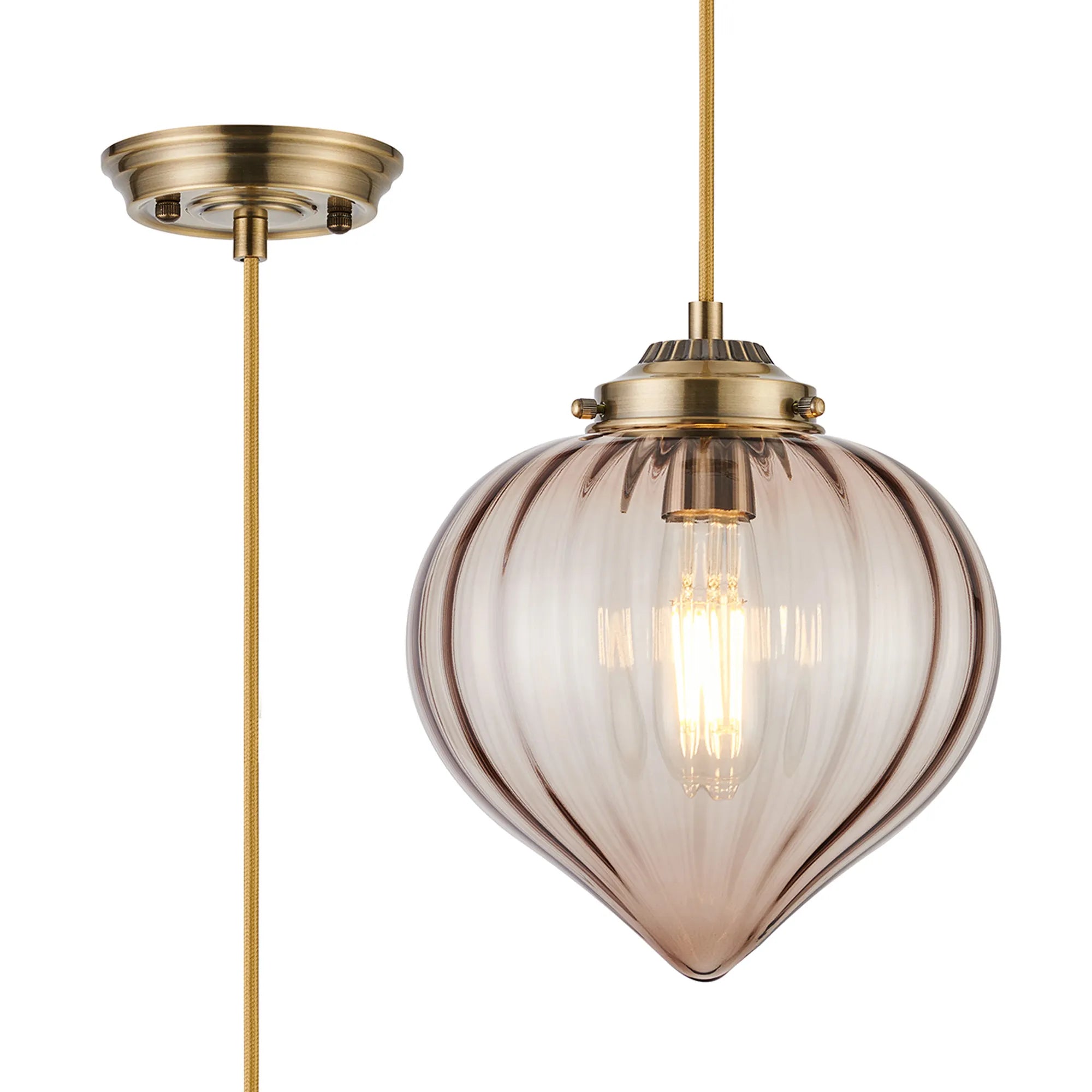 Grove Single Pendant with Flower Bud Shade - Antique Brass & Golden Brown Braided Cable & Cognac