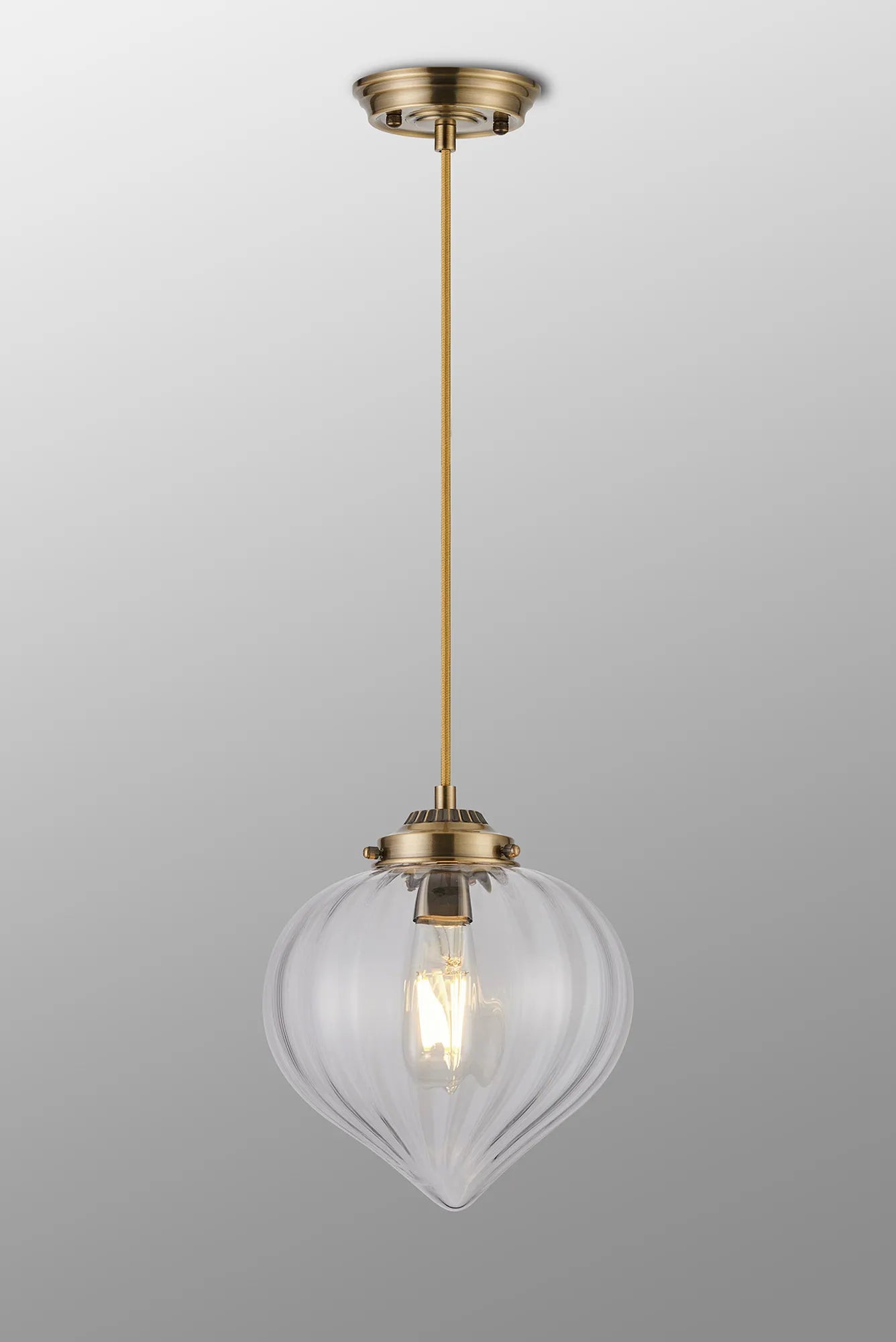 Grove Single Pendant with Flower Bud Shade - Antique Brass & Golden Brown Braided Cable & Clear