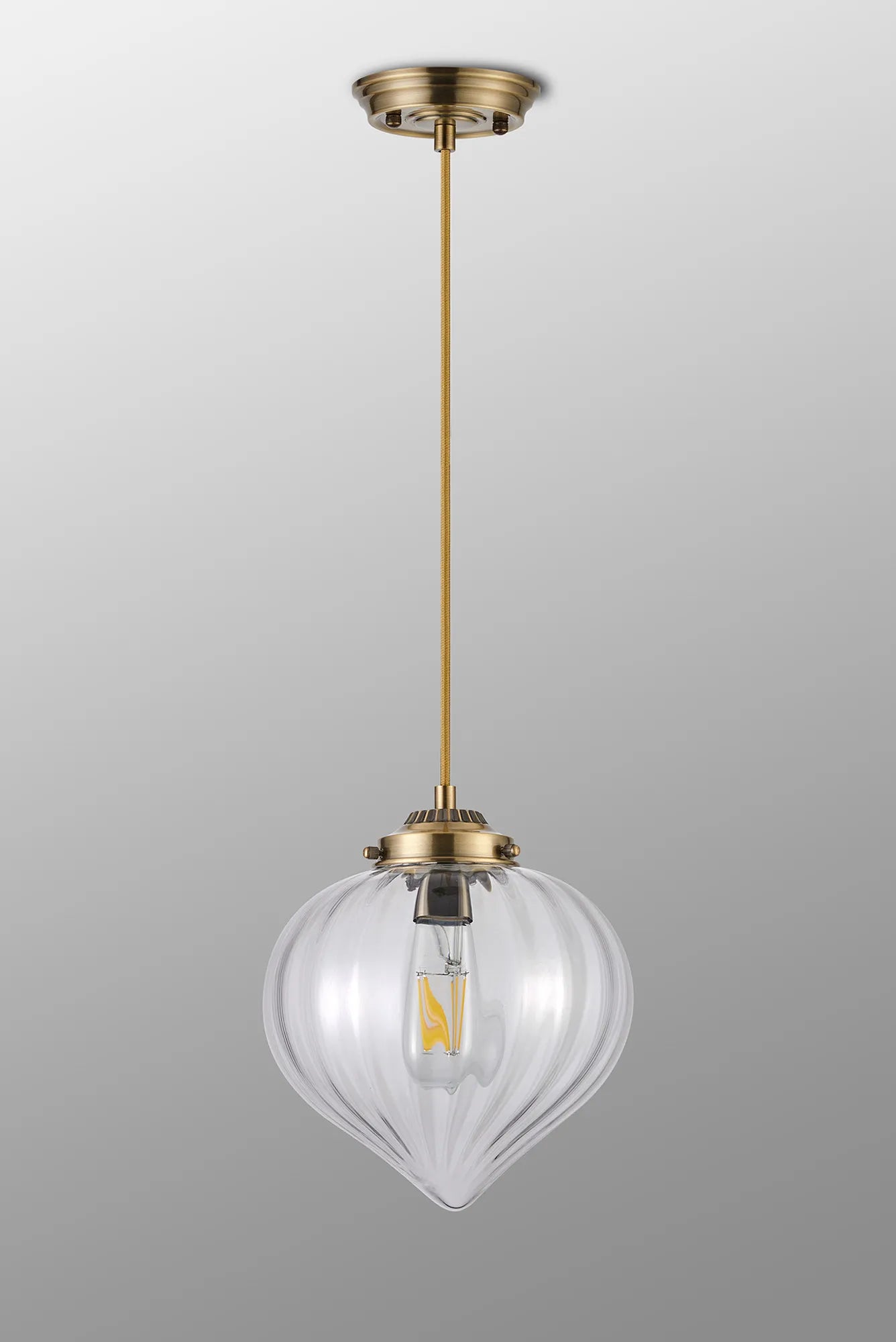 Grove Single Pendant with Flower Bud Shade - Antique Brass & Golden Brown Braided Cable & Clear
