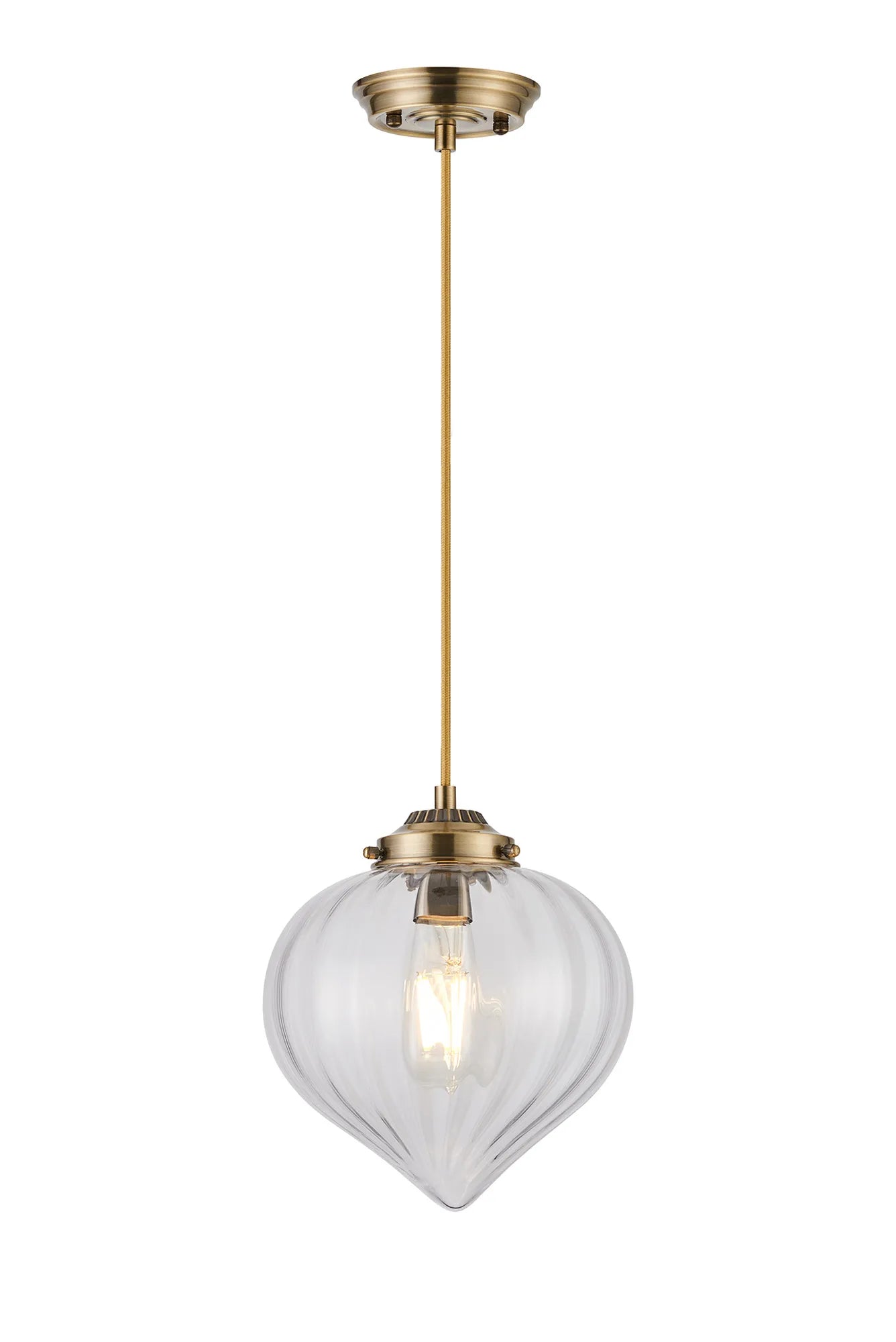 Grove Single Pendant with Flower Bud Shade - Antique Brass & Golden Brown Braided Cable & Clear