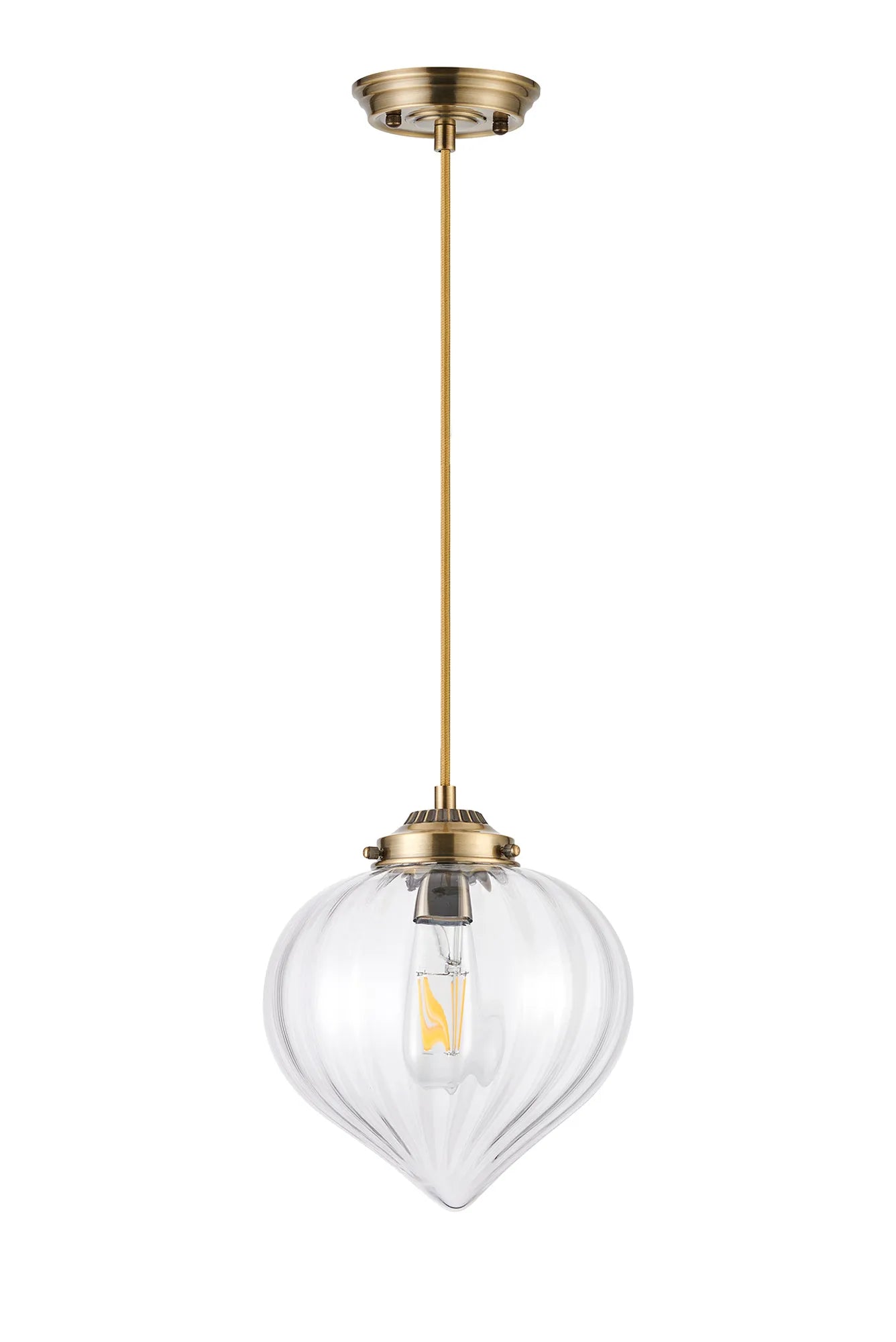 Grove Single Pendant with Flower Bud Shade - Antique Brass & Golden Brown Braided Cable & Clear