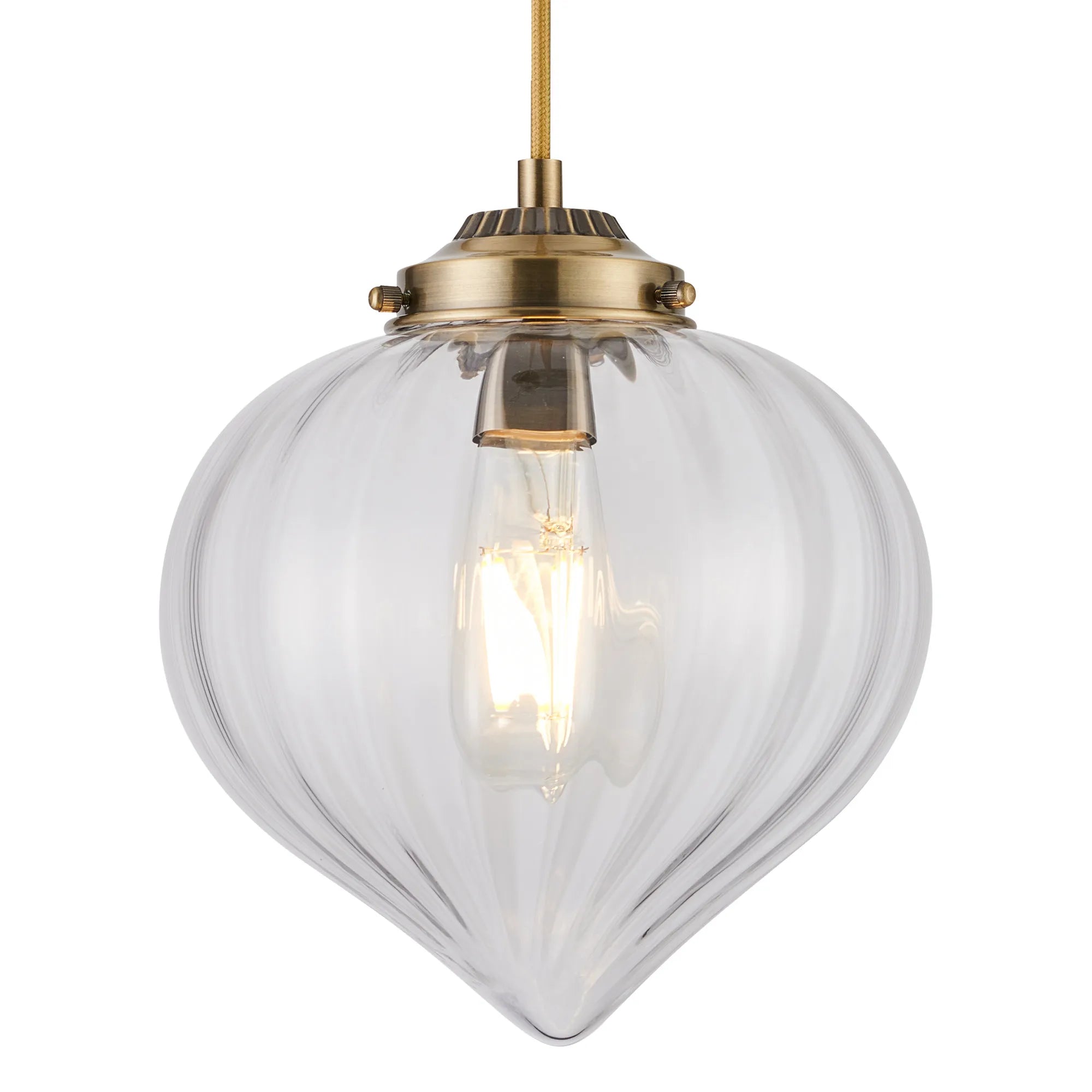 Grove Single Pendant with Flower Bud Shade - Antique Brass & Golden Brown Braided Cable & Clear
