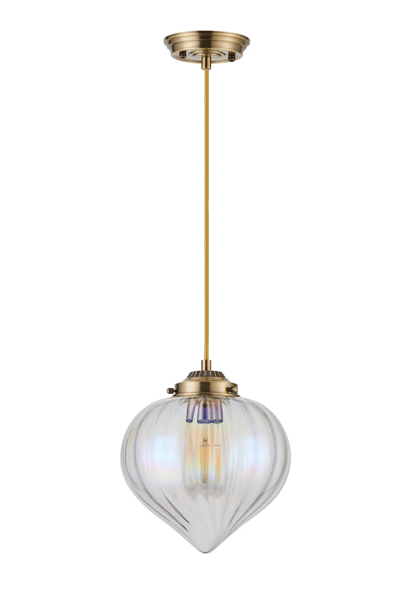 Grove Single Pendant with Flower Bud Shade - Antique Brass & Golden Brown Braided Cable & Iridescent Faded