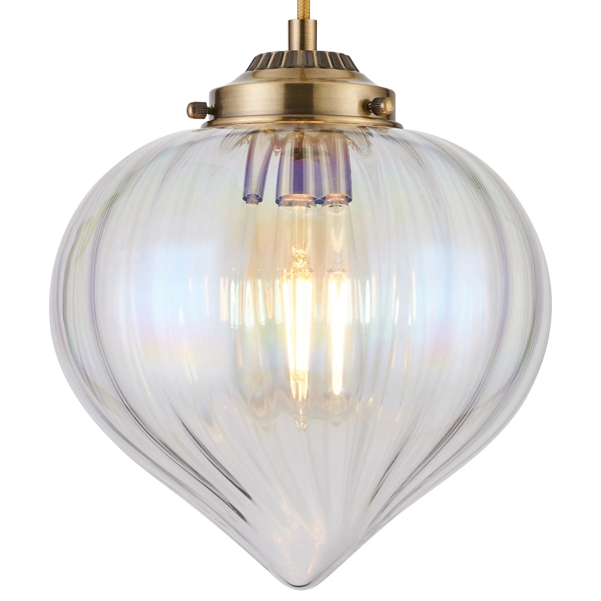 Grove Single Pendant with Flower Bud Shade - Antique Brass & Golden Brown Braided Cable & Iridescent Faded