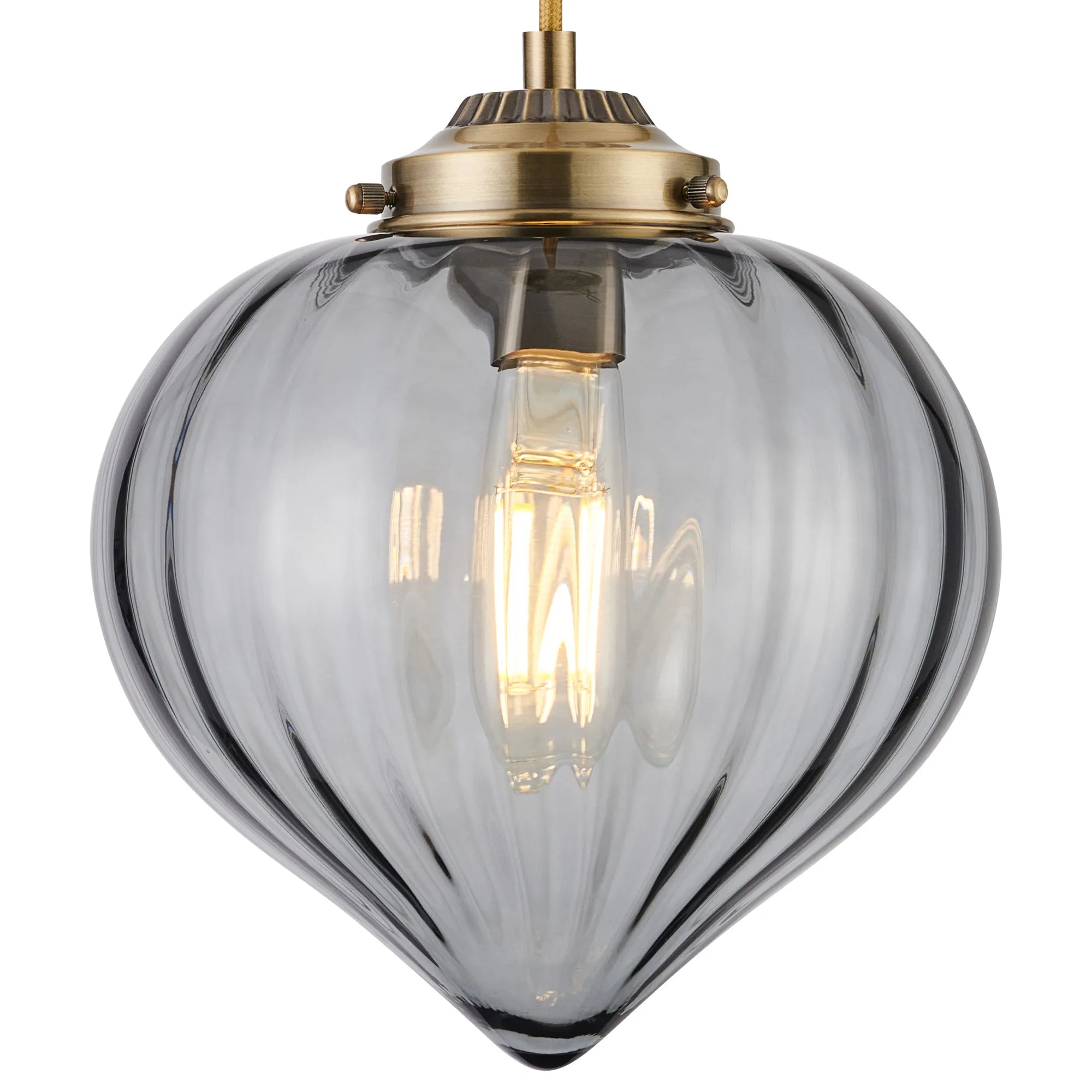 Grove Single Pendant with Flower Bud Shade - Antique Brass & Golden Brown Braided Cable & Smoke