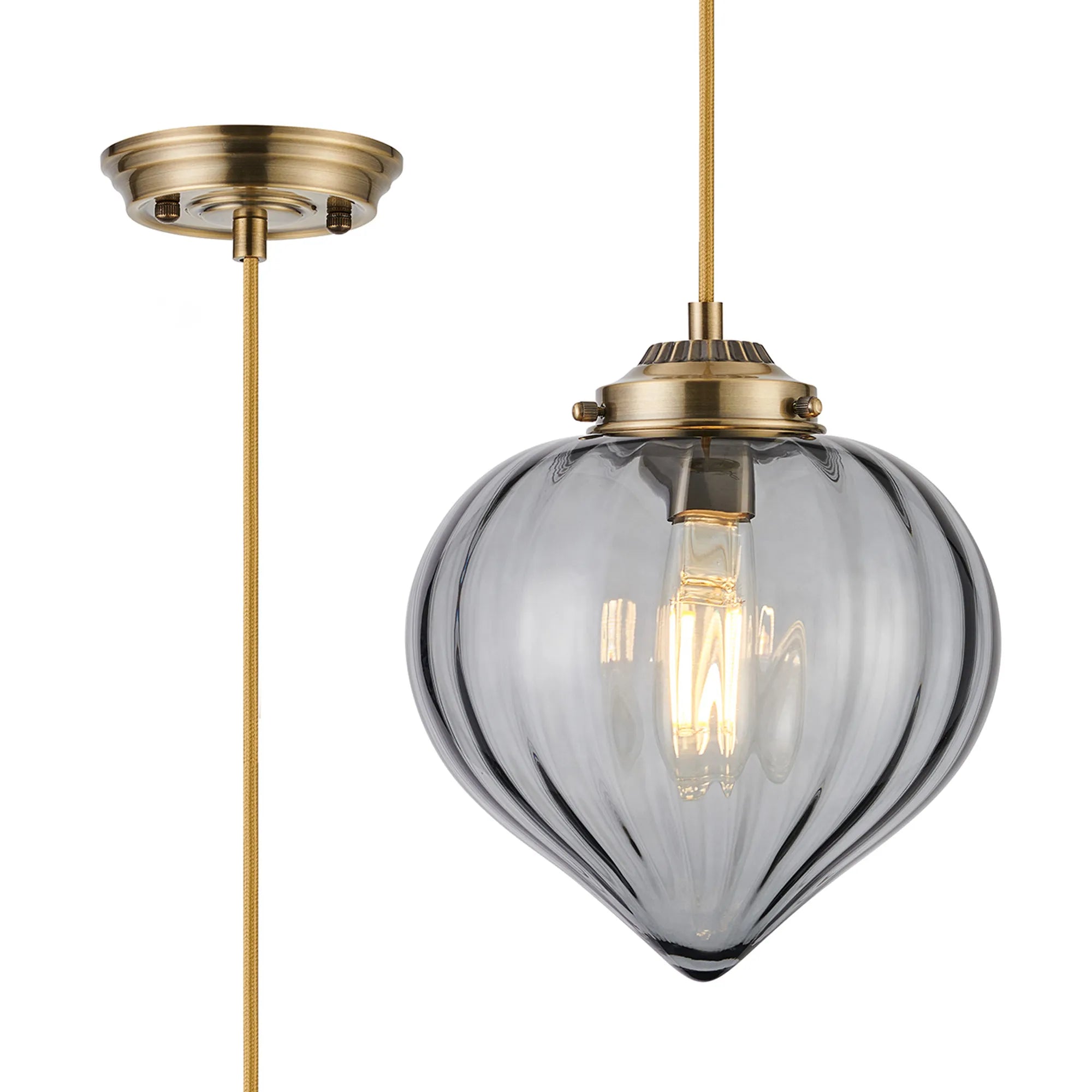 Grove Single Pendant with Flower Bud Shade - Antique Brass & Golden Brown Braided Cable & Smoke